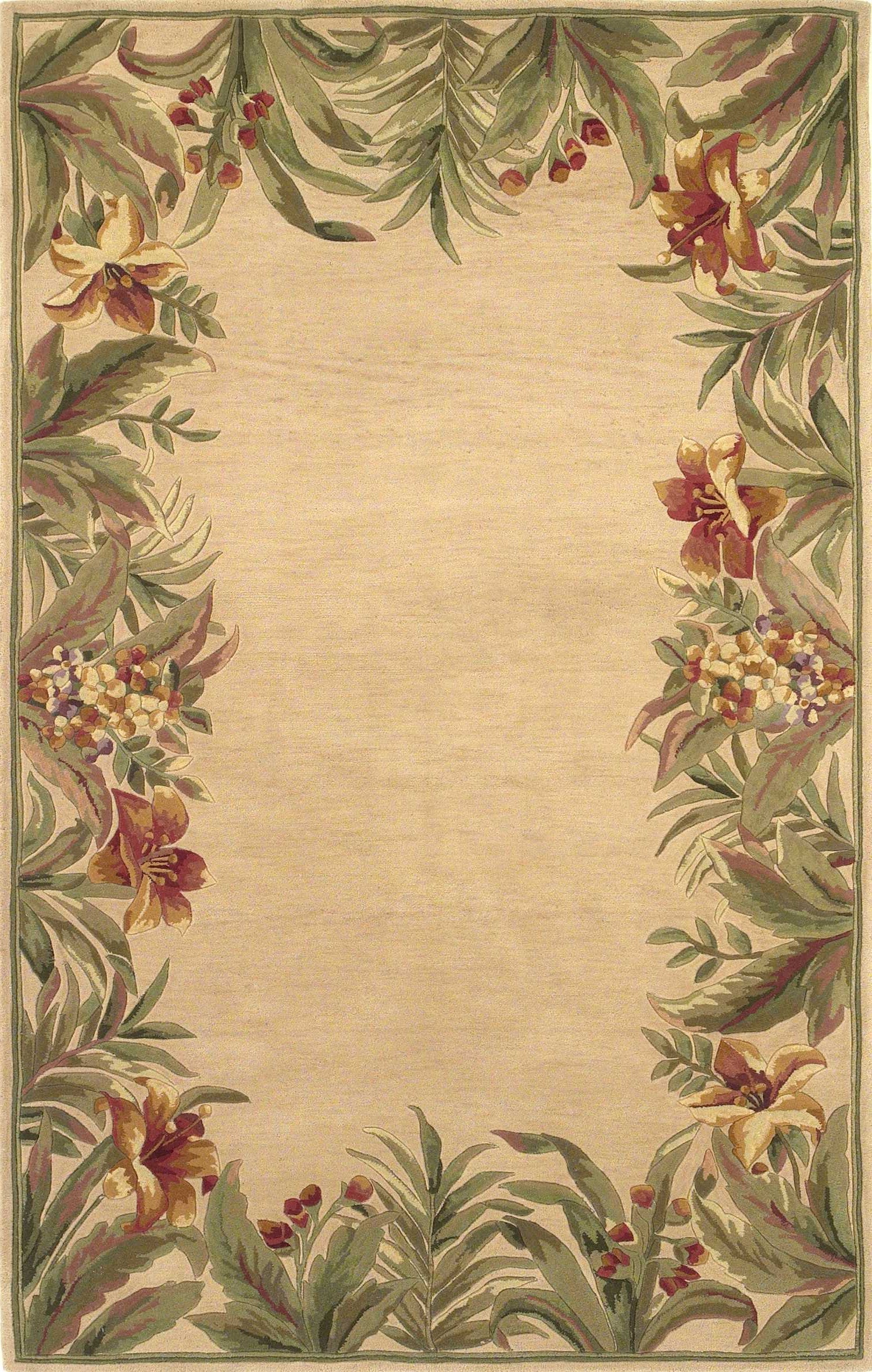 5' X 8' Beige Red And Green Wool Tropical Floral Hand Tufted Area Rug-Area Rugs-DECOROLALA