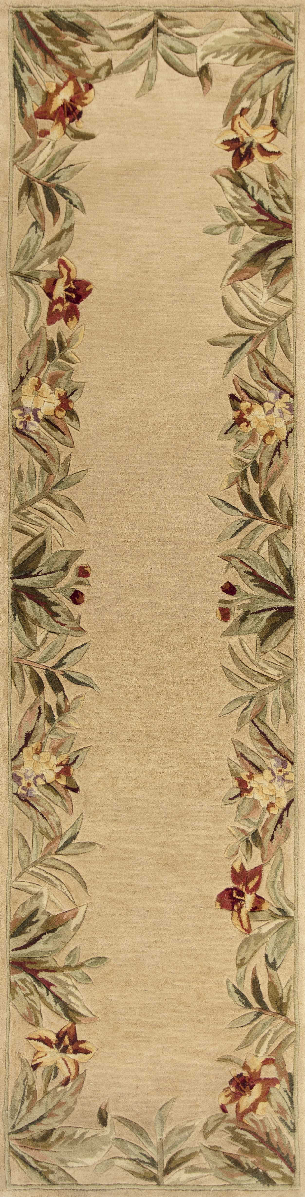 5' X 8' Beige Red And Green Wool Tropical Floral Hand Tufted Area Rug-Area Rugs-DECOROLALA