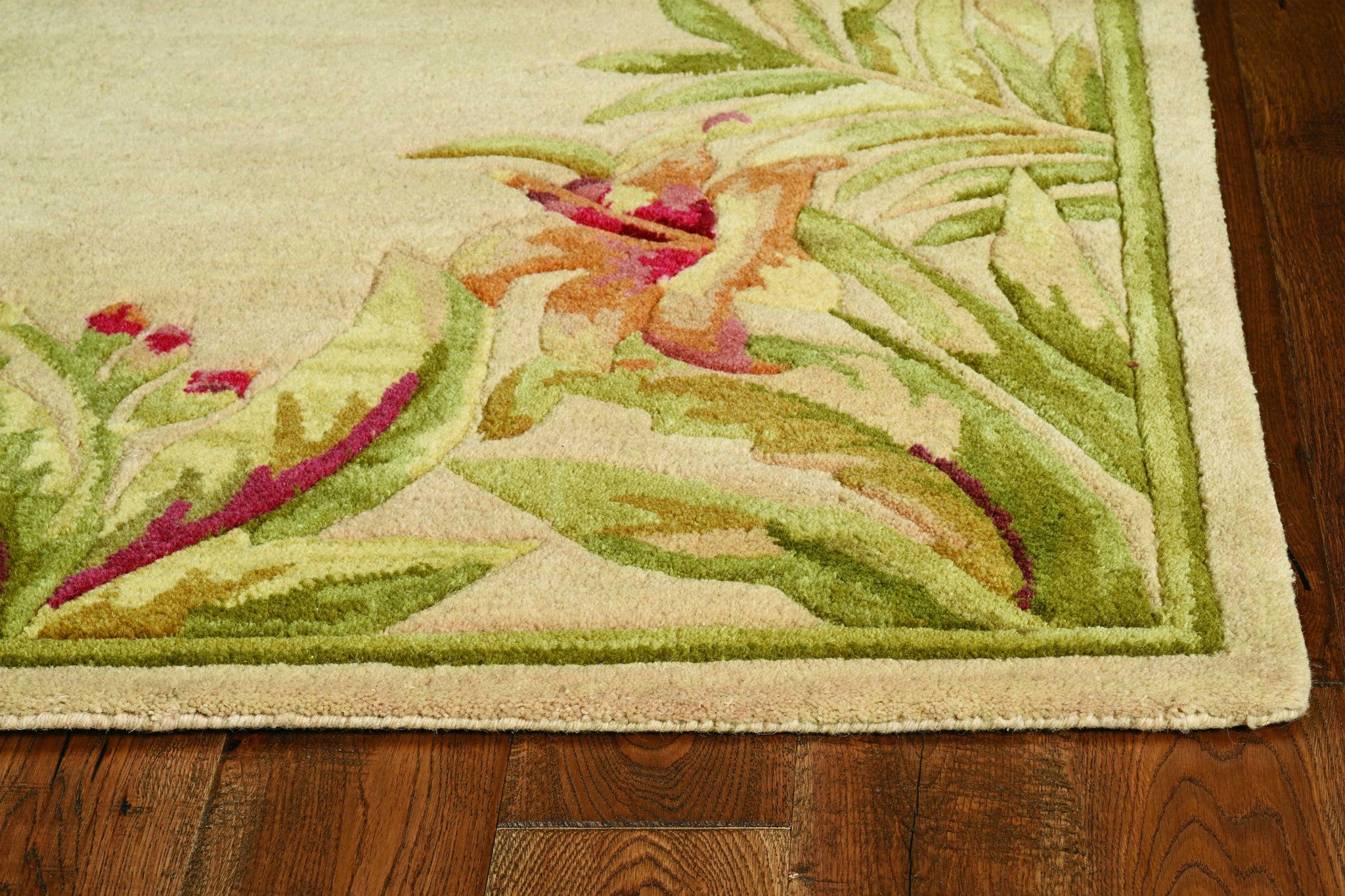 5' X 8' Beige Red And Green Wool Tropical Floral Hand Tufted Area Rug-Area Rugs-DECOROLALA