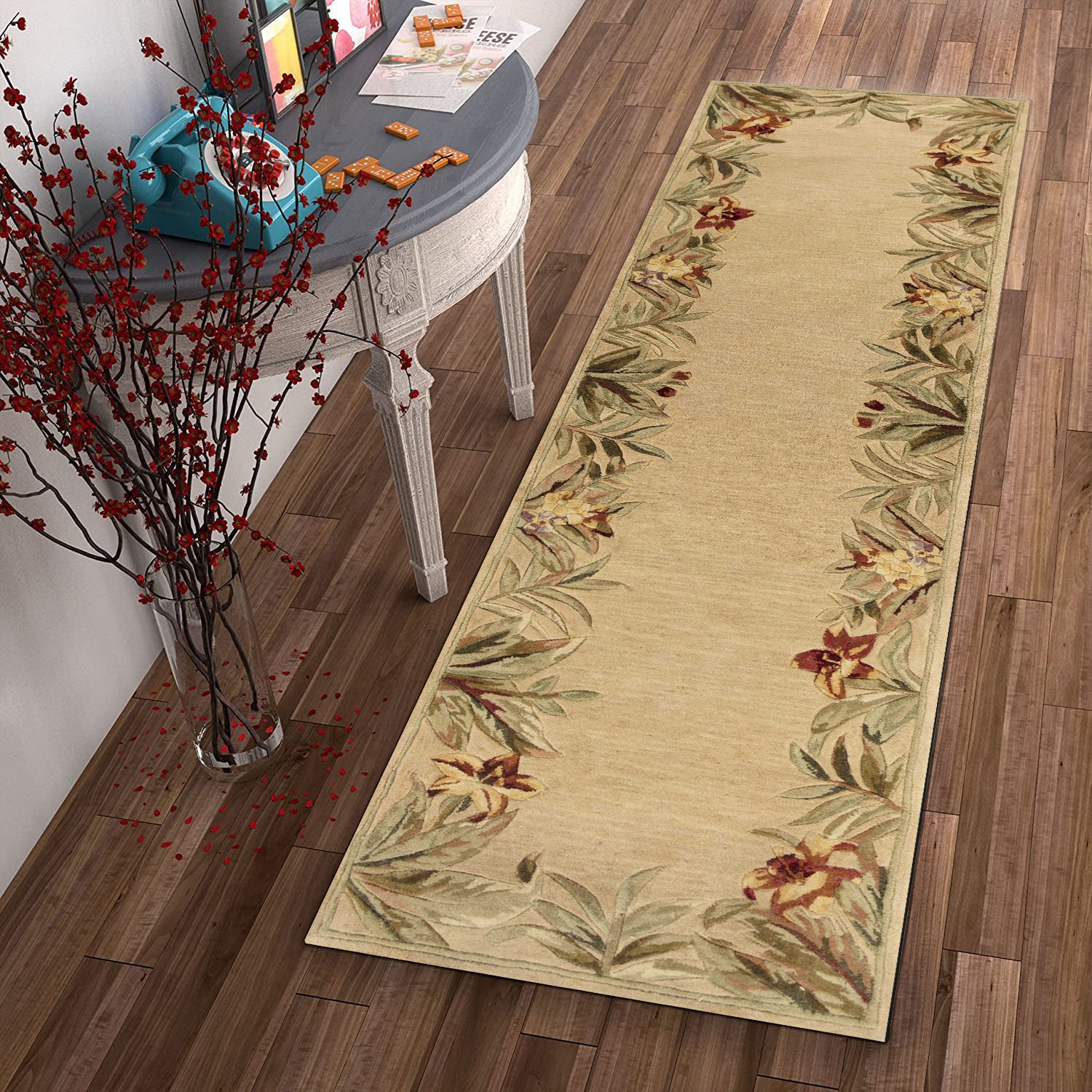 5' X 8' Beige Red And Green Wool Tropical Floral Hand Tufted Area Rug-Area Rugs-DECOROLALA