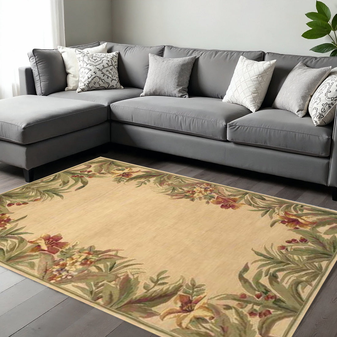 5' X 8' Beige Red And Green Wool Tropical Floral Hand Tufted Area Rug-Area Rugs-DECOROLALA