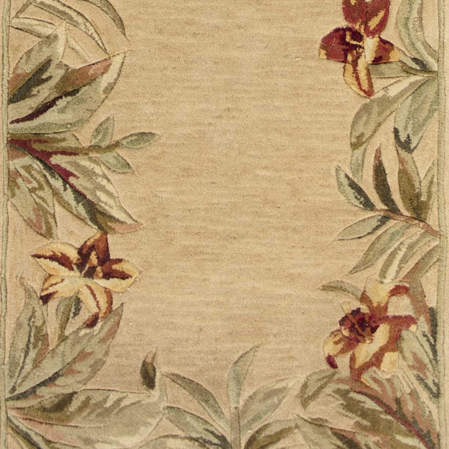 5' X 8' Beige Red And Green Wool Tropical Floral Hand Tufted Area Rug-Area Rugs-DECOROLALA