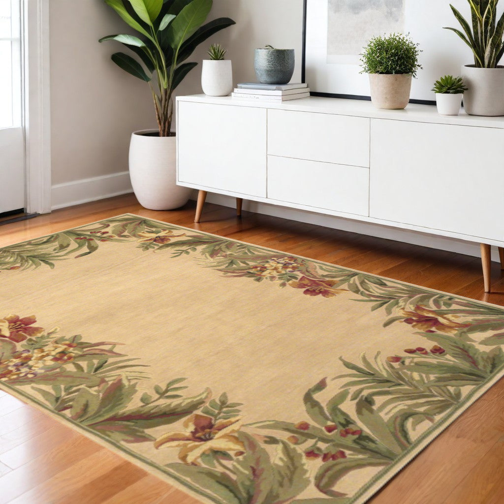 5' X 8' Beige Red And Green Wool Tropical Floral Hand Tufted Area Rug-Area Rugs-DECOROLALA