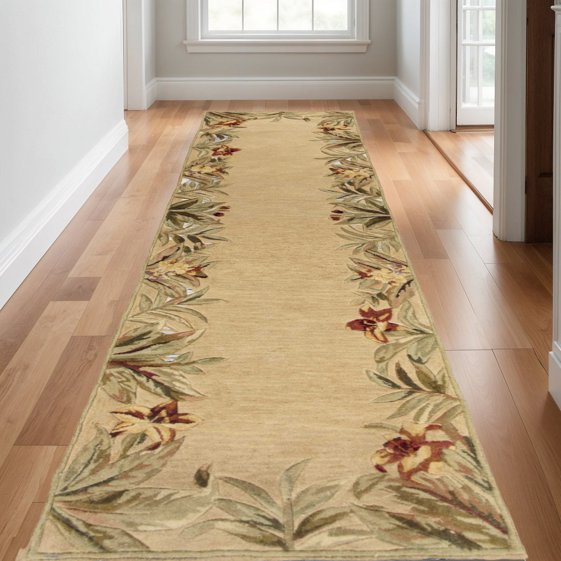 5' X 8' Beige Red And Green Wool Tropical Floral Hand Tufted Area Rug-Area Rugs-DECOROLALA