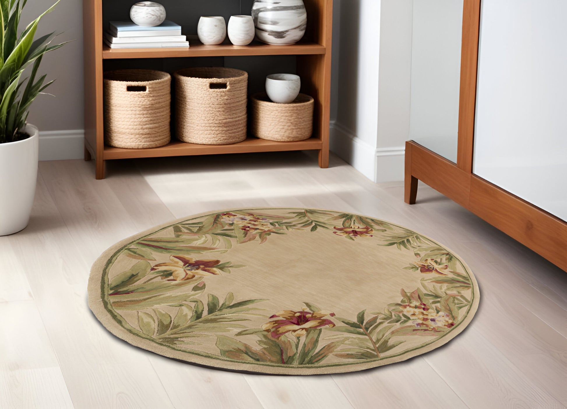 5' X 8' Beige Red And Green Wool Tropical Floral Hand Tufted Area Rug-Area Rugs-DECOROLALA