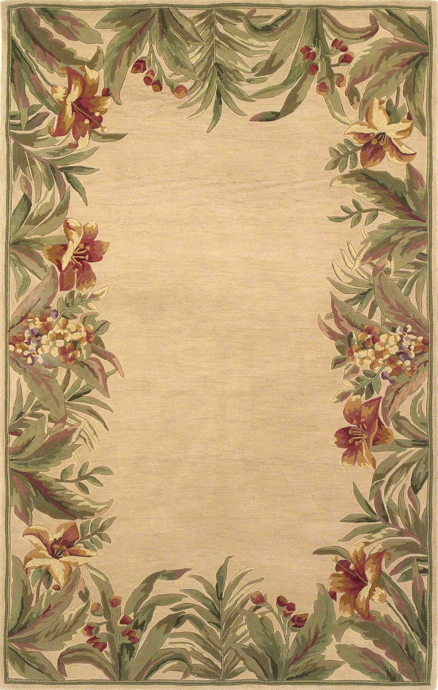 5' X 8' Beige Red And Green Wool Tropical Floral Hand Tufted Area Rug-Area Rugs-DECOROLALA