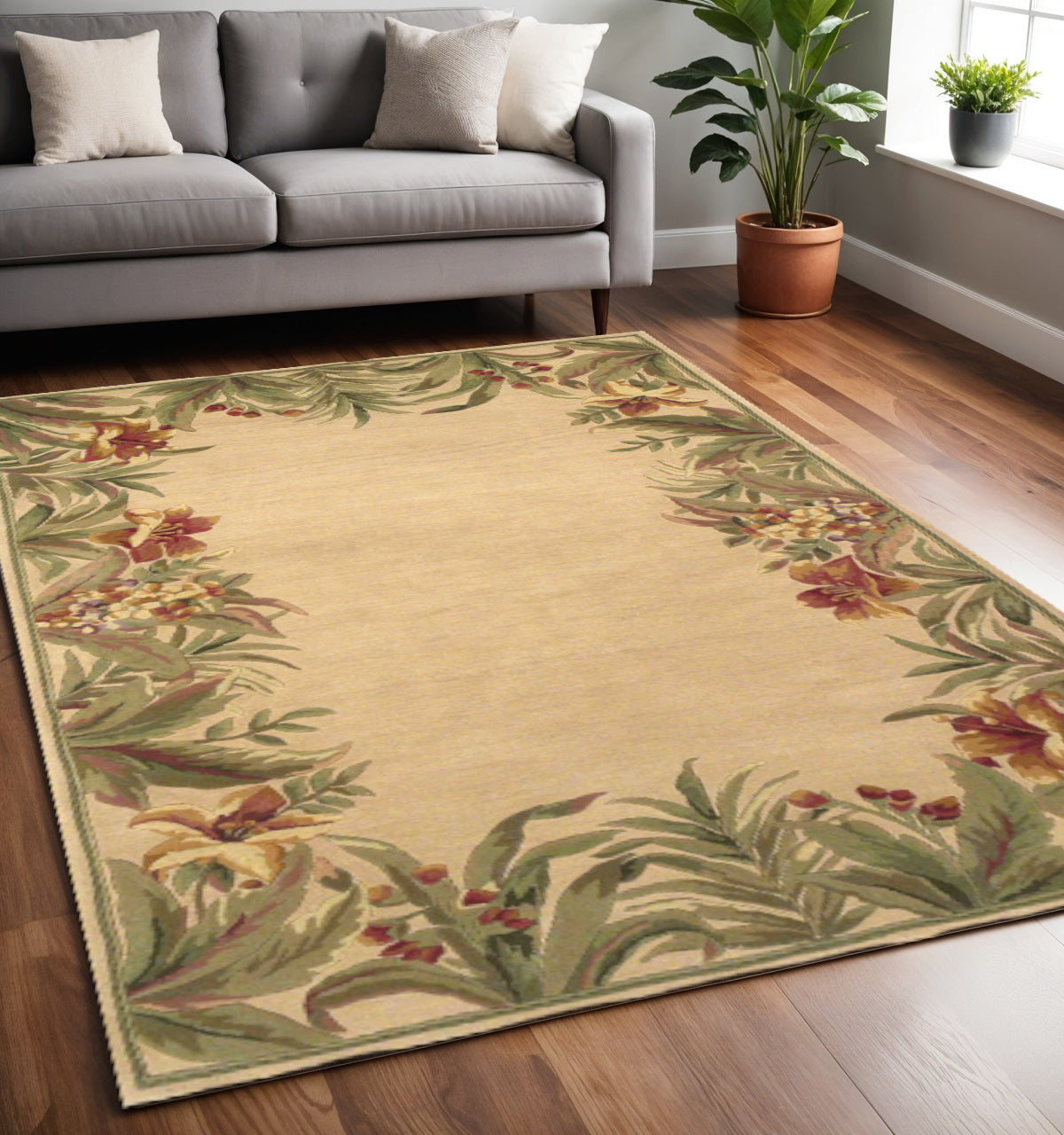 5' X 8' Beige Red And Green Wool Tropical Floral Hand Tufted Area Rug-Area Rugs-DECOROLALA