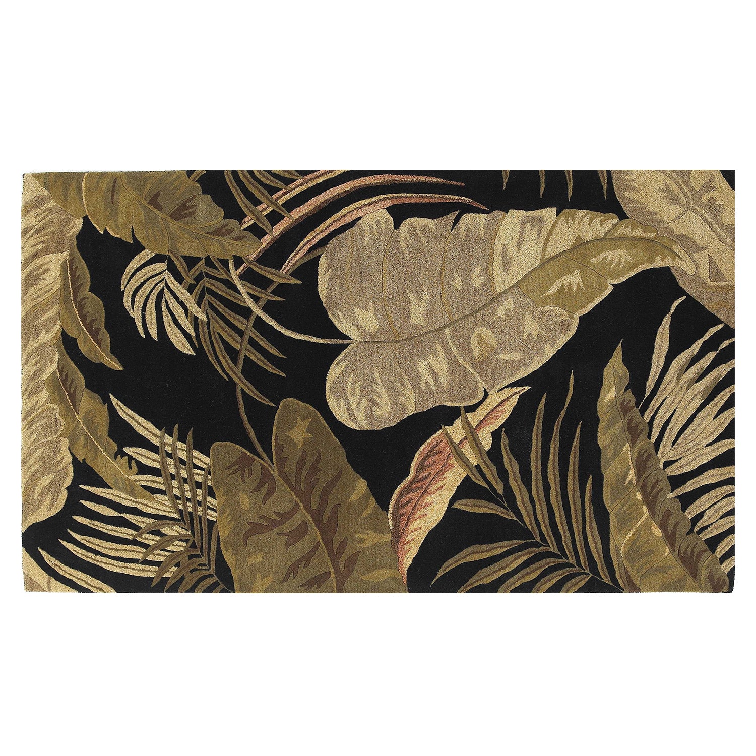 5' X 8' Black Beige And Brown Wool Botanical Leaves Hand Tufted Area Rug-Area Rugs-DECOROLALA