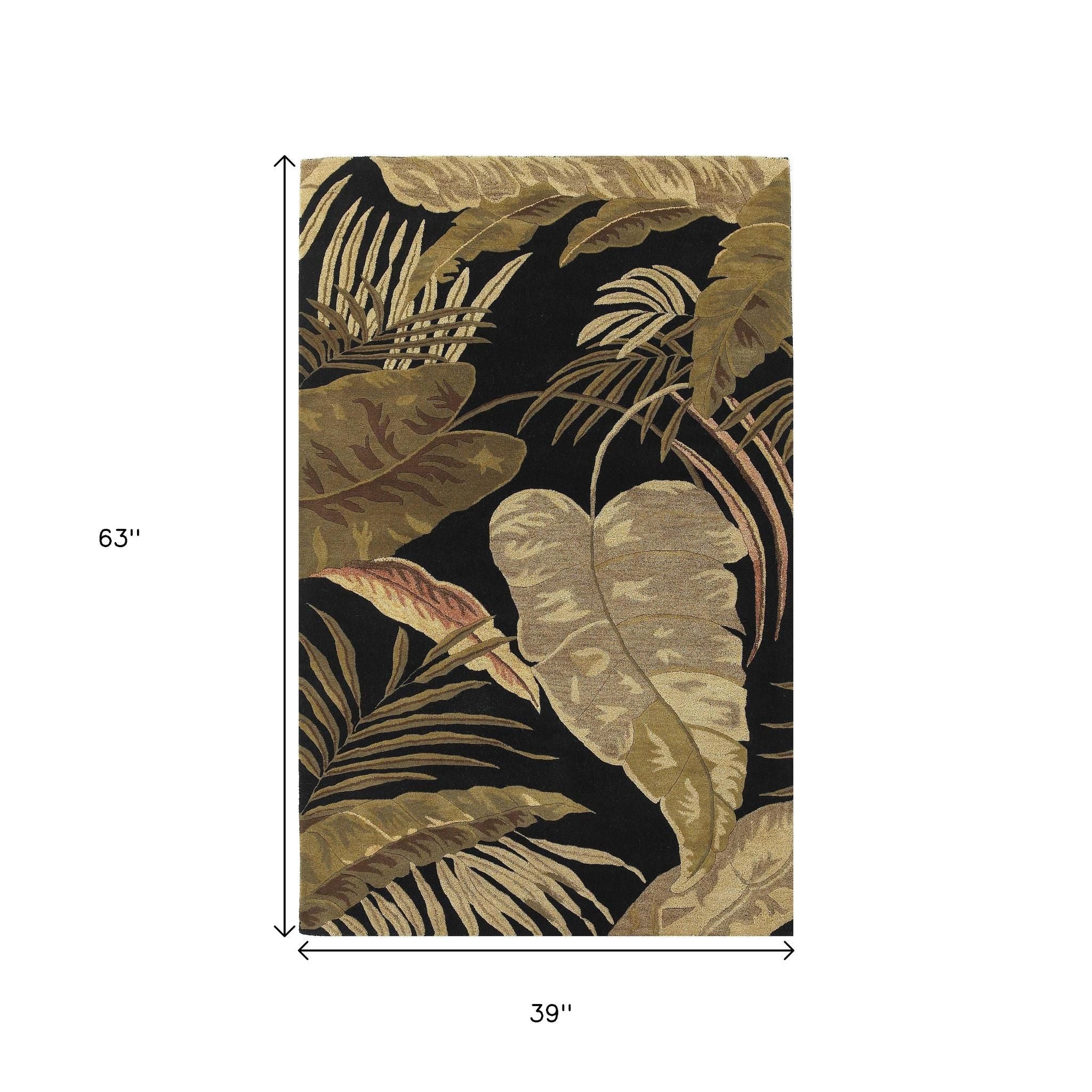 5' X 8' Black Beige And Brown Wool Botanical Leaves Hand Tufted Area Rug-Area Rugs-DECOROLALA