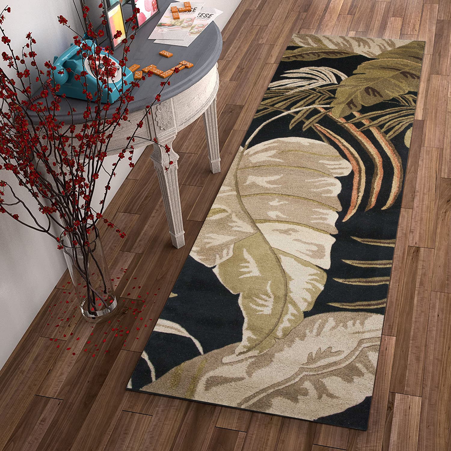 5' X 8' Black Beige And Brown Wool Botanical Leaves Hand Tufted Area Rug-Area Rugs-DECOROLALA