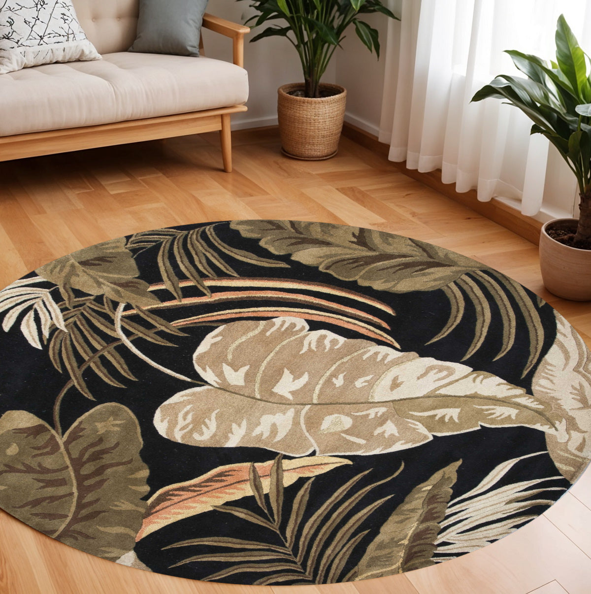 5' X 8' Black Beige And Brown Wool Botanical Leaves Hand Tufted Area Rug-Area Rugs-DECOROLALA