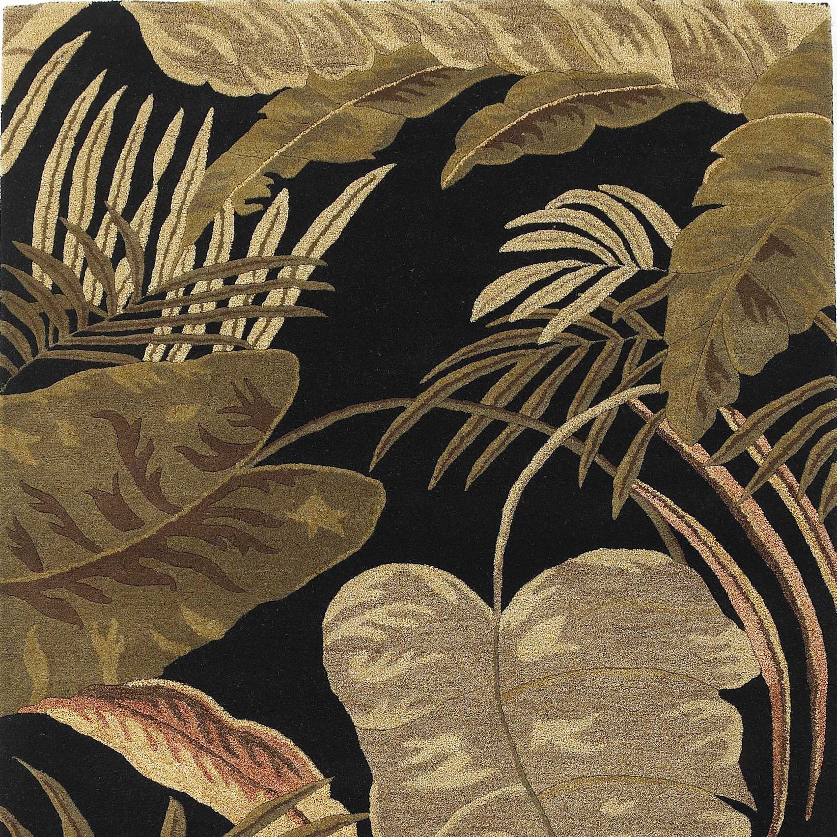 5' X 8' Black Beige And Brown Wool Botanical Leaves Hand Tufted Area Rug-Area Rugs-DECOROLALA