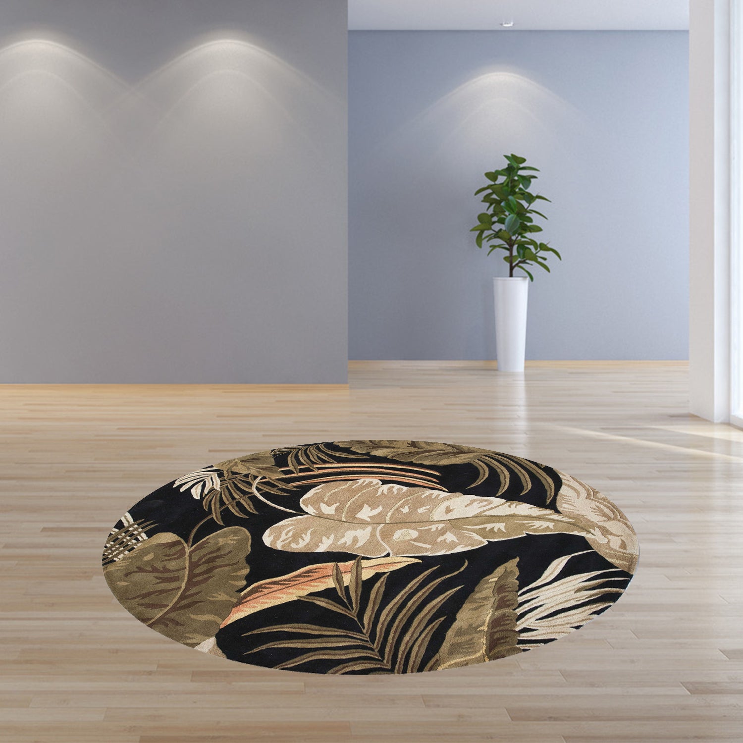 5' X 8' Black Beige And Brown Wool Botanical Leaves Hand Tufted Area Rug-Area Rugs-DECOROLALA