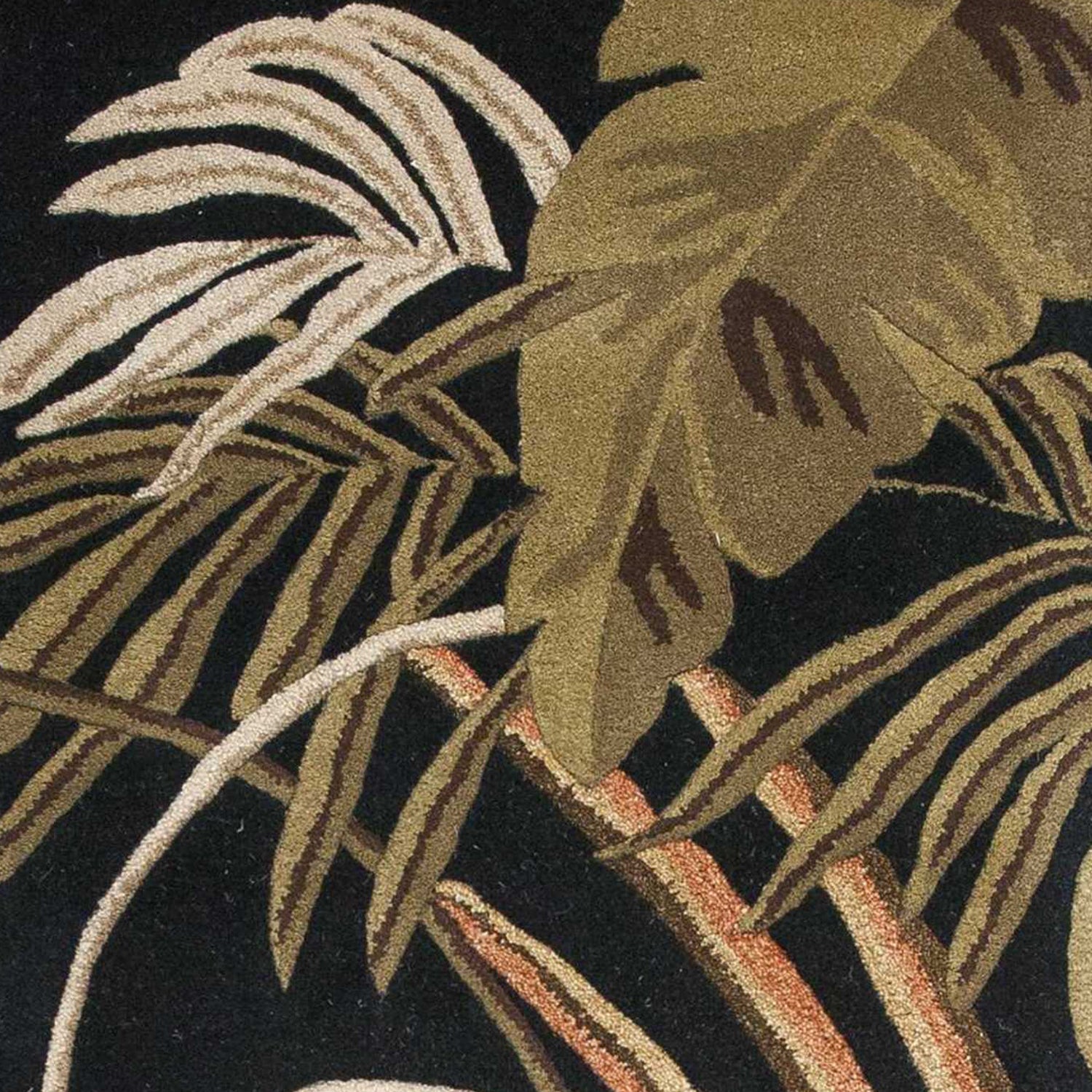 5' X 8' Black Beige And Brown Wool Botanical Leaves Hand Tufted Area Rug-Area Rugs-DECOROLALA