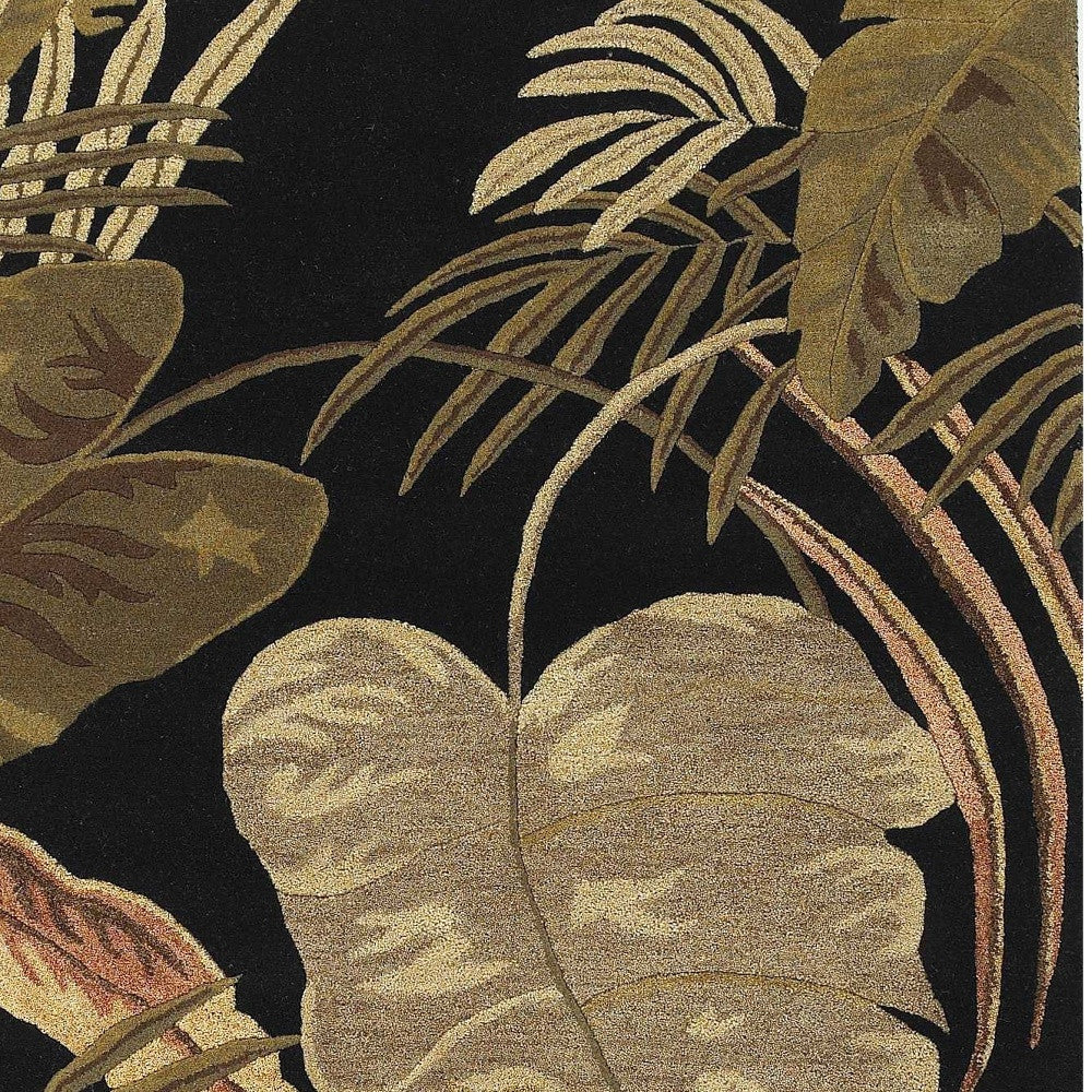 5' X 8' Black Beige And Brown Wool Botanical Leaves Hand Tufted Area Rug-Area Rugs-DECOROLALA