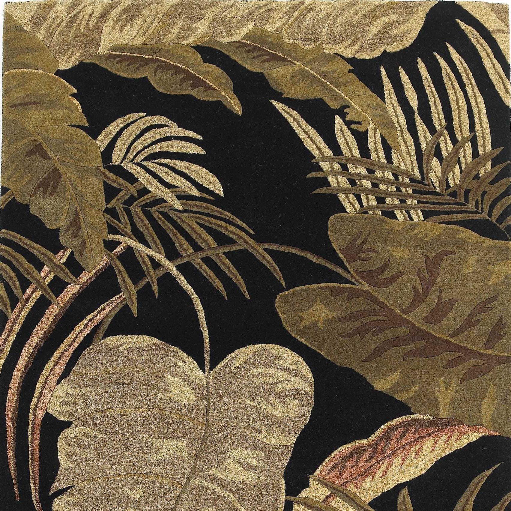 5' X 8' Black Beige And Brown Wool Botanical Leaves Hand Tufted Area Rug-Area Rugs-DECOROLALA