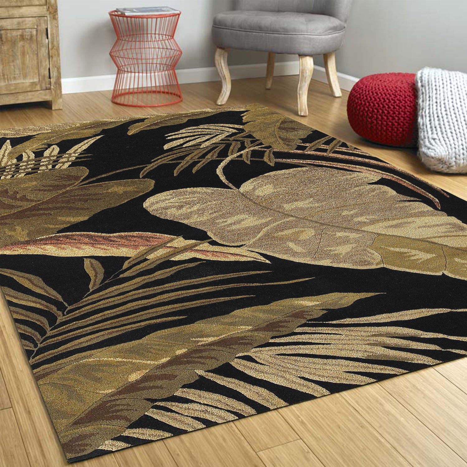 5' X 8' Black Beige And Brown Wool Botanical Leaves Hand Tufted Area Rug-Area Rugs-DECOROLALA
