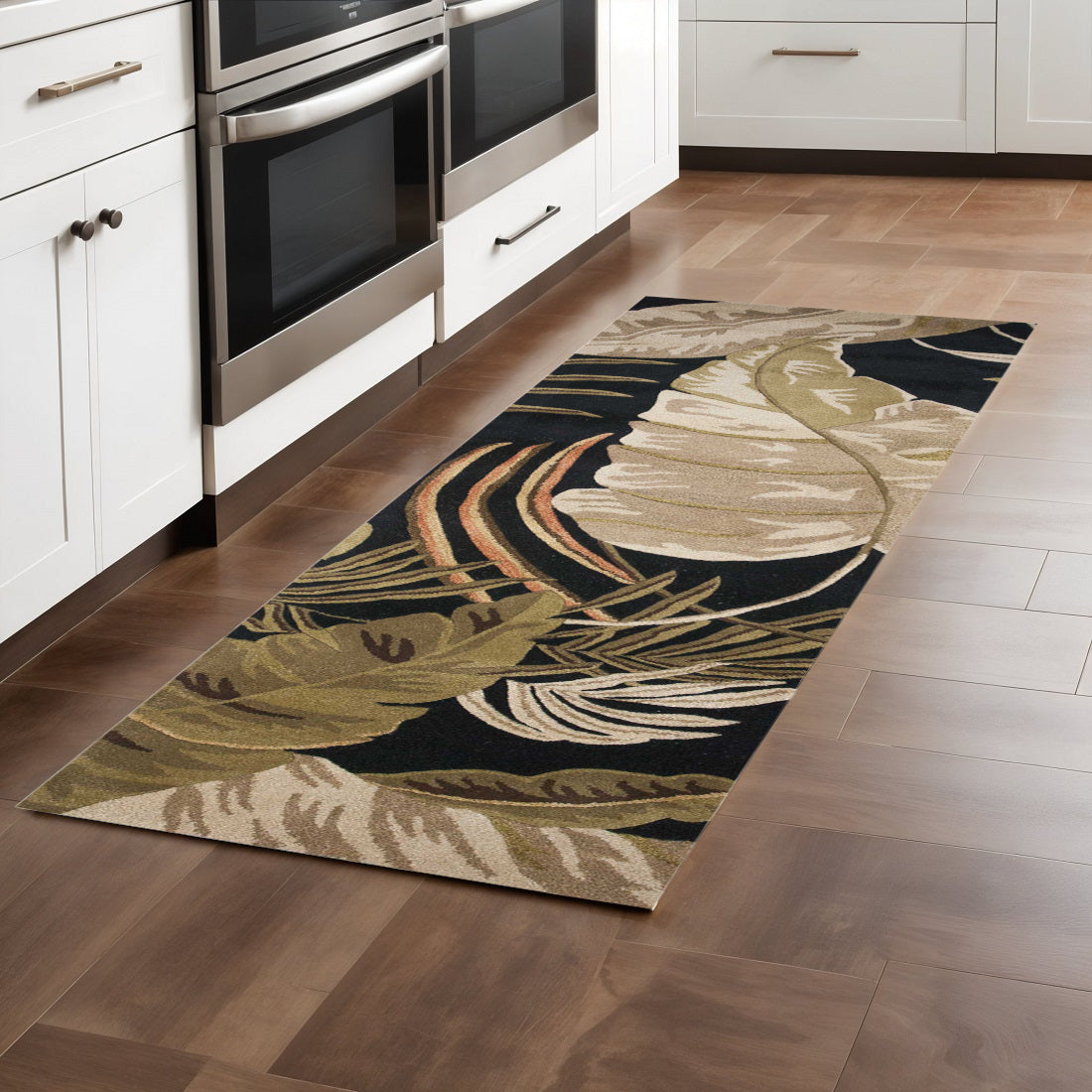 5' X 8' Black Beige And Brown Wool Botanical Leaves Hand Tufted Area Rug-Area Rugs-DECOROLALA