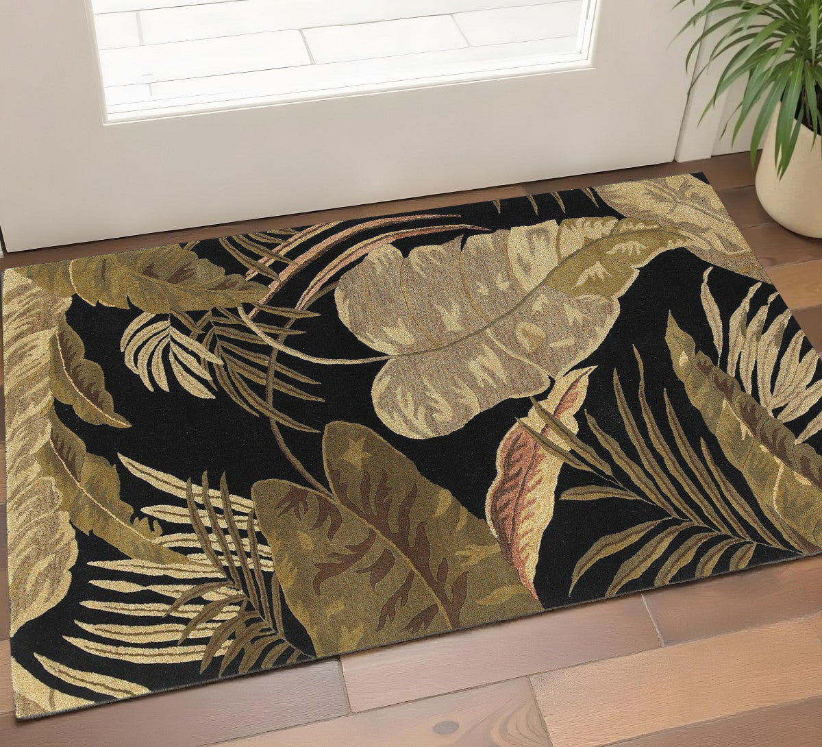 5' X 8' Black Beige And Brown Wool Botanical Leaves Hand Tufted Area Rug-Area Rugs-DECOROLALA