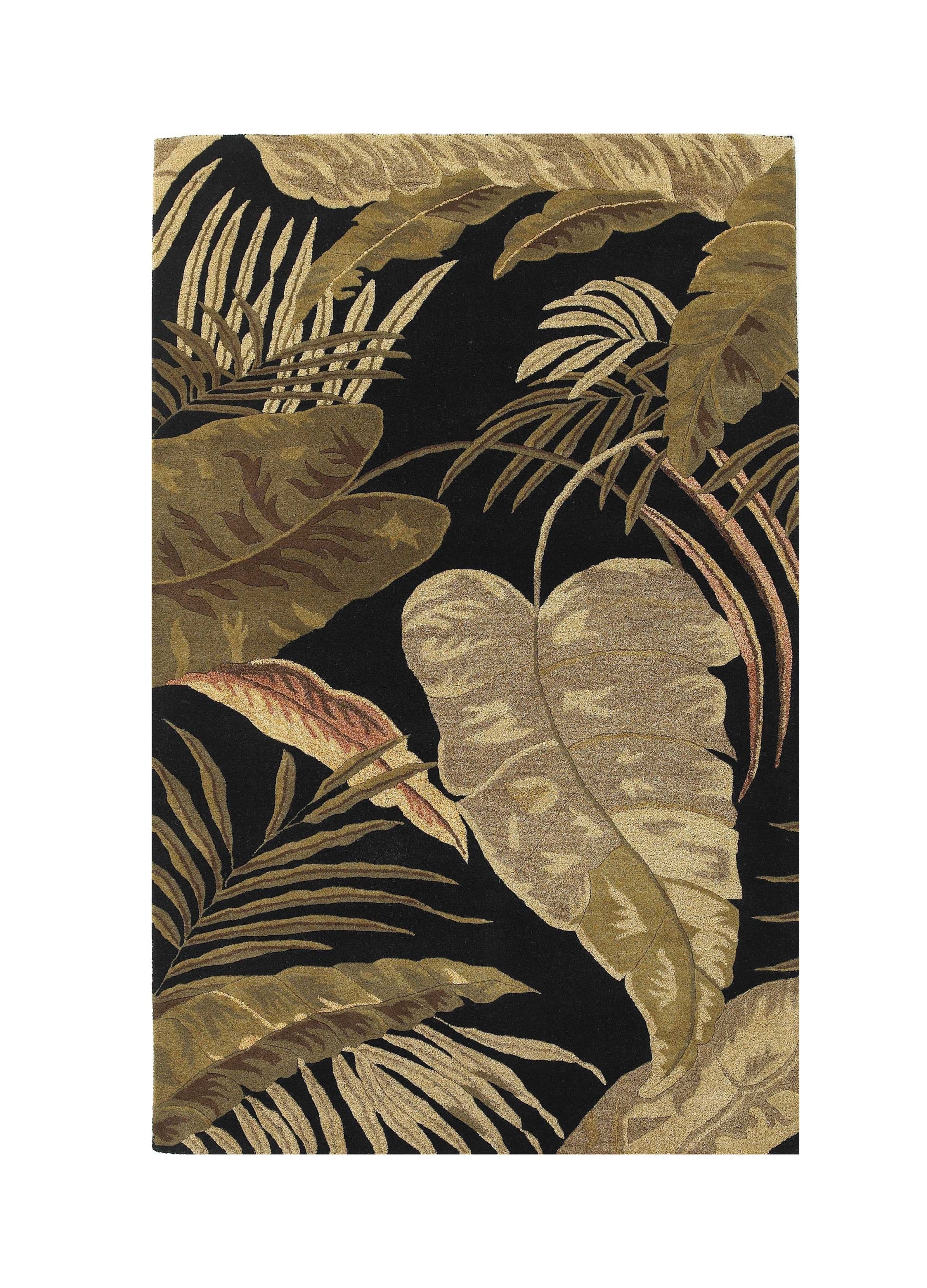 5' X 8' Black Beige And Brown Wool Botanical Leaves Hand Tufted Area Rug-Area Rugs-DECOROLALA