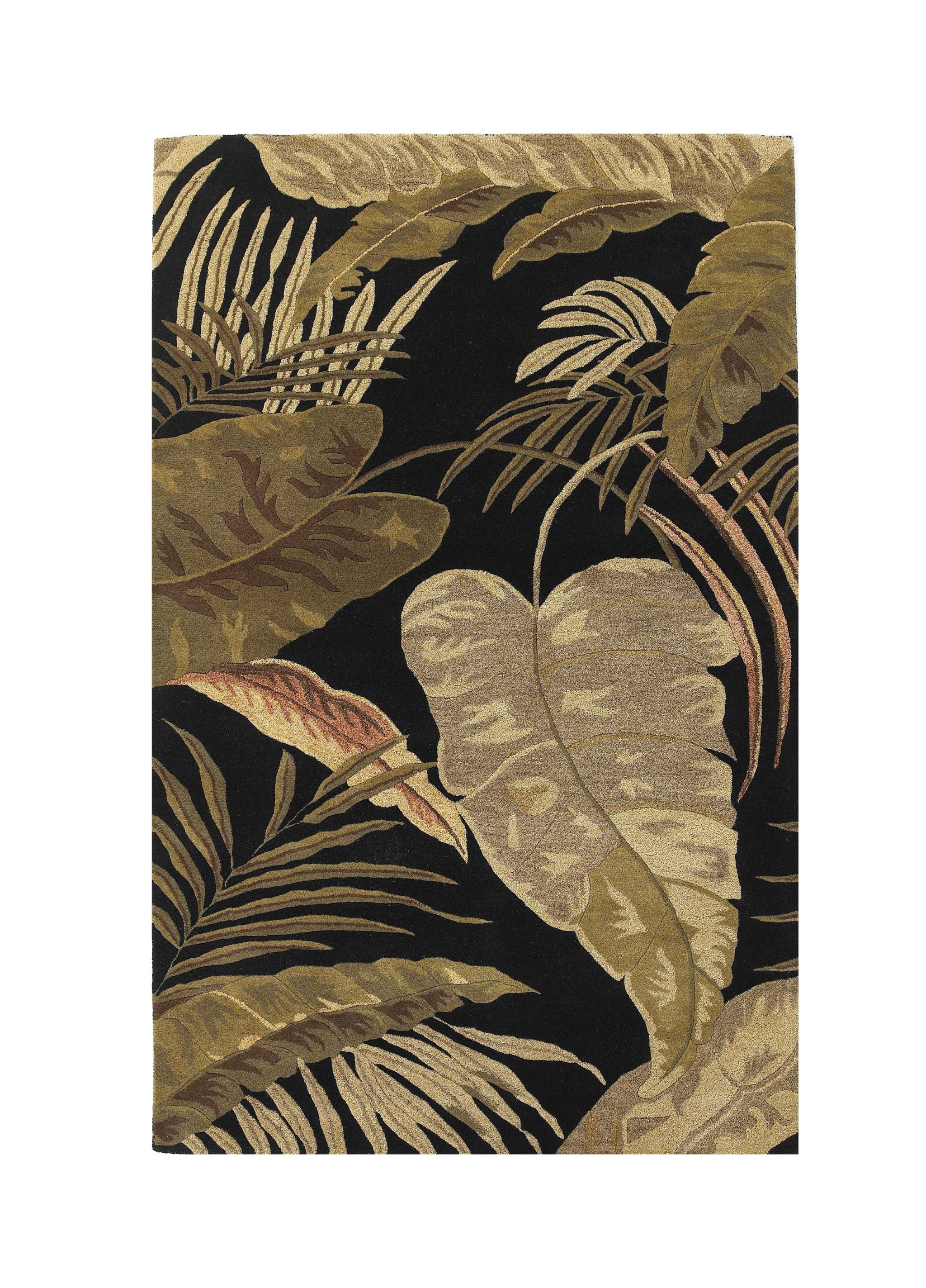 5' X 8' Black Beige And Brown Wool Botanical Leaves Hand Tufted Area Rug-Area Rugs-DECOROLALA