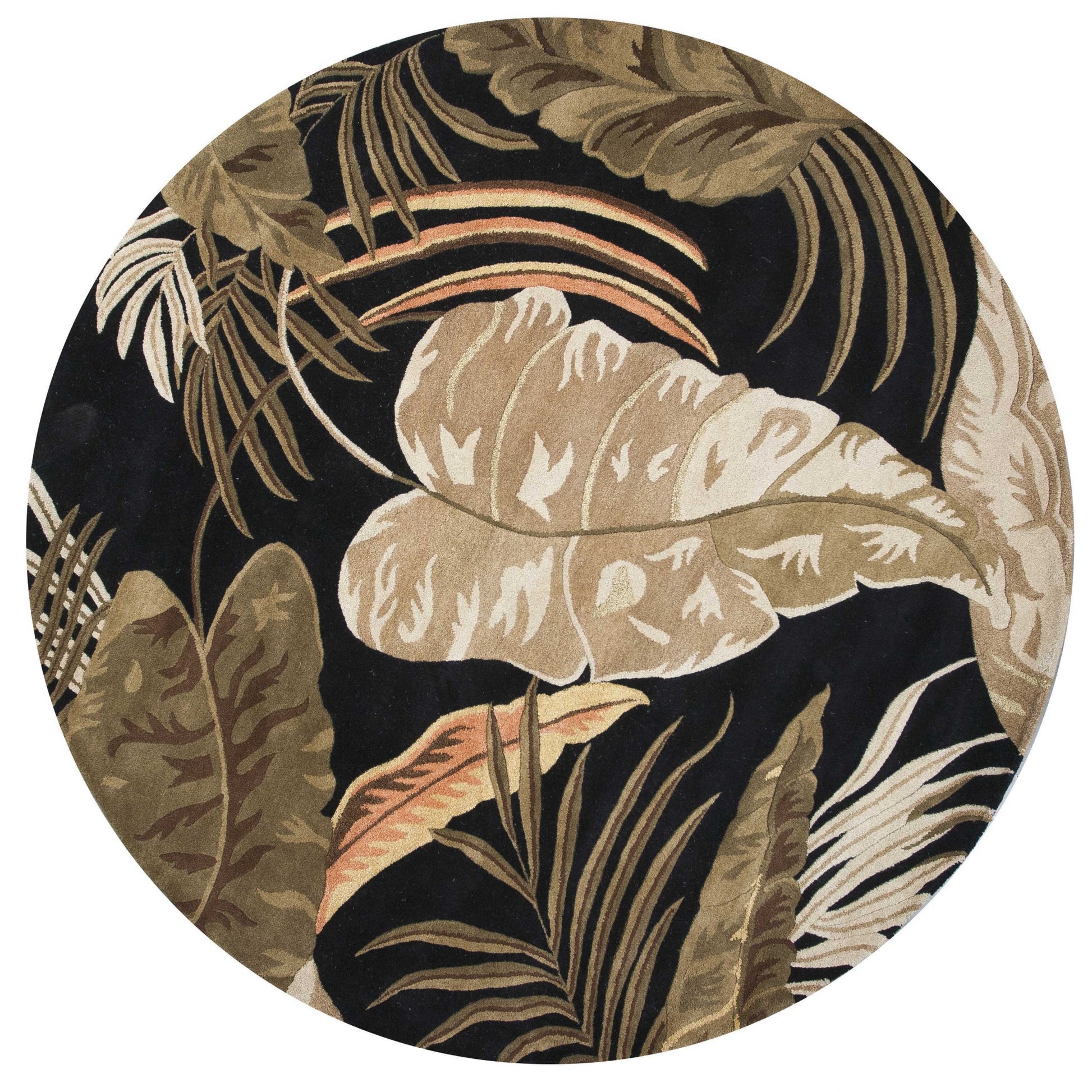 5' X 8' Black Beige And Brown Wool Botanical Leaves Hand Tufted Area Rug-Area Rugs-DECOROLALA