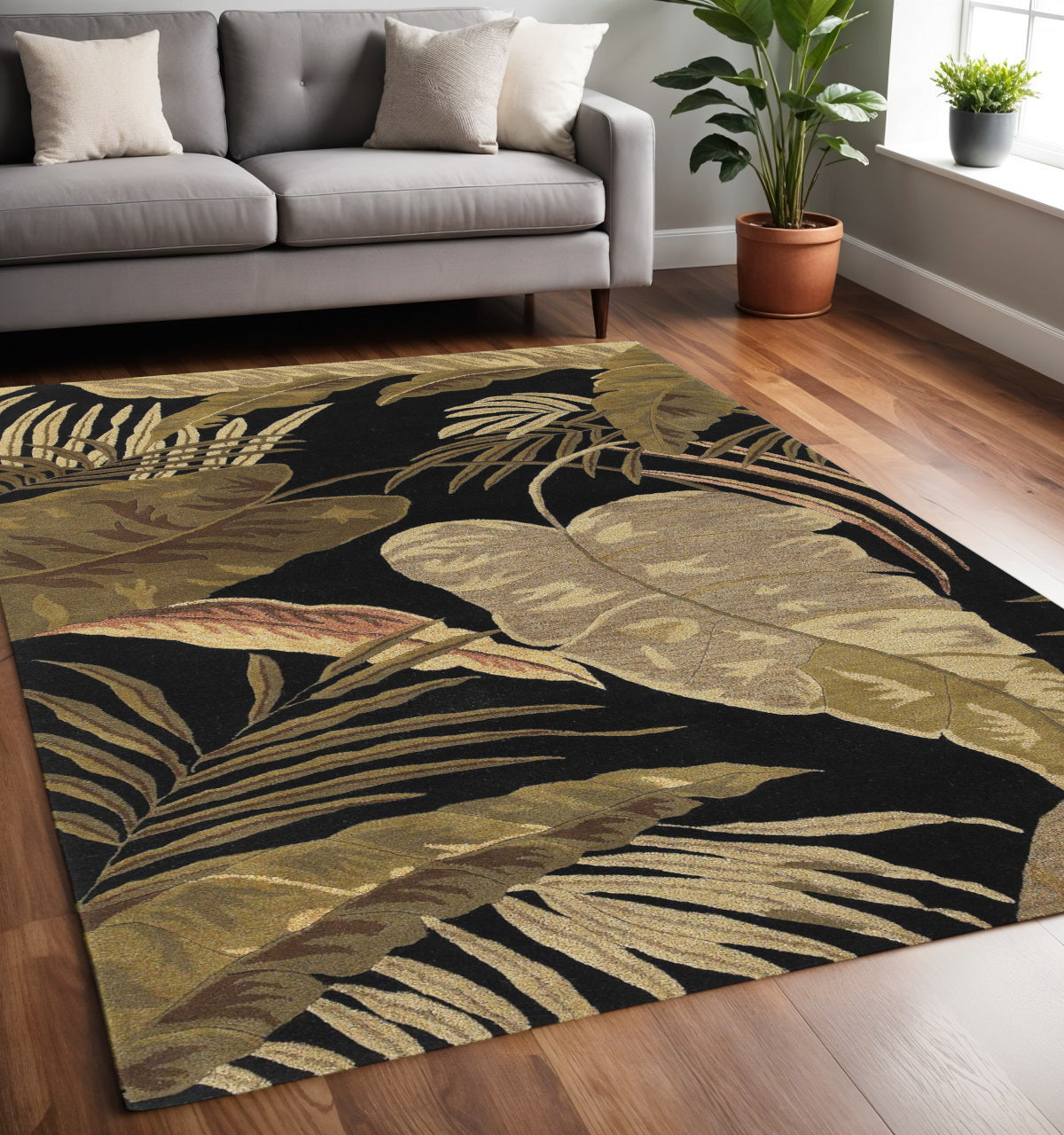5' X 8' Black Beige And Brown Wool Botanical Leaves Hand Tufted Area Rug-Area Rugs-DECOROLALA