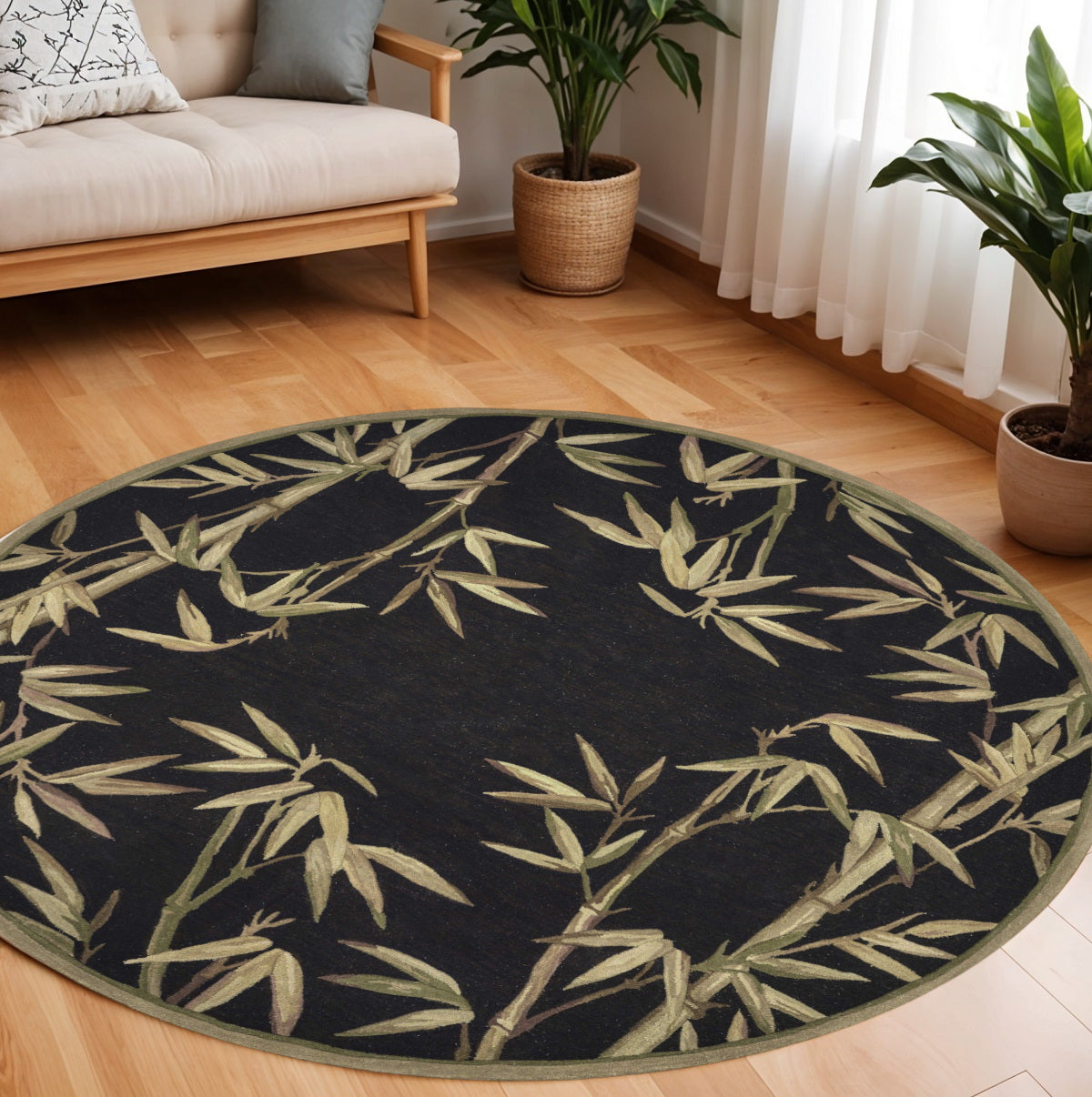 5' X 8' Black Green And Brown Wool Tropical Botanical Hand Tufted Area Rug-Area Rugs-DECOROLALA
