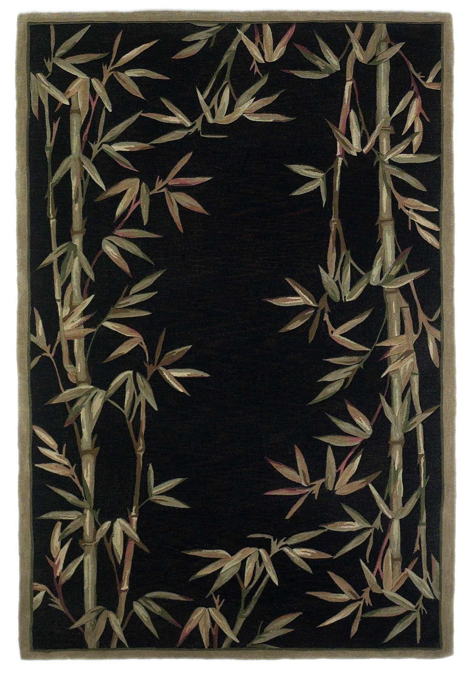 5' X 8' Black Green And Brown Wool Tropical Botanical Hand Tufted Area Rug-Area Rugs-DECOROLALA