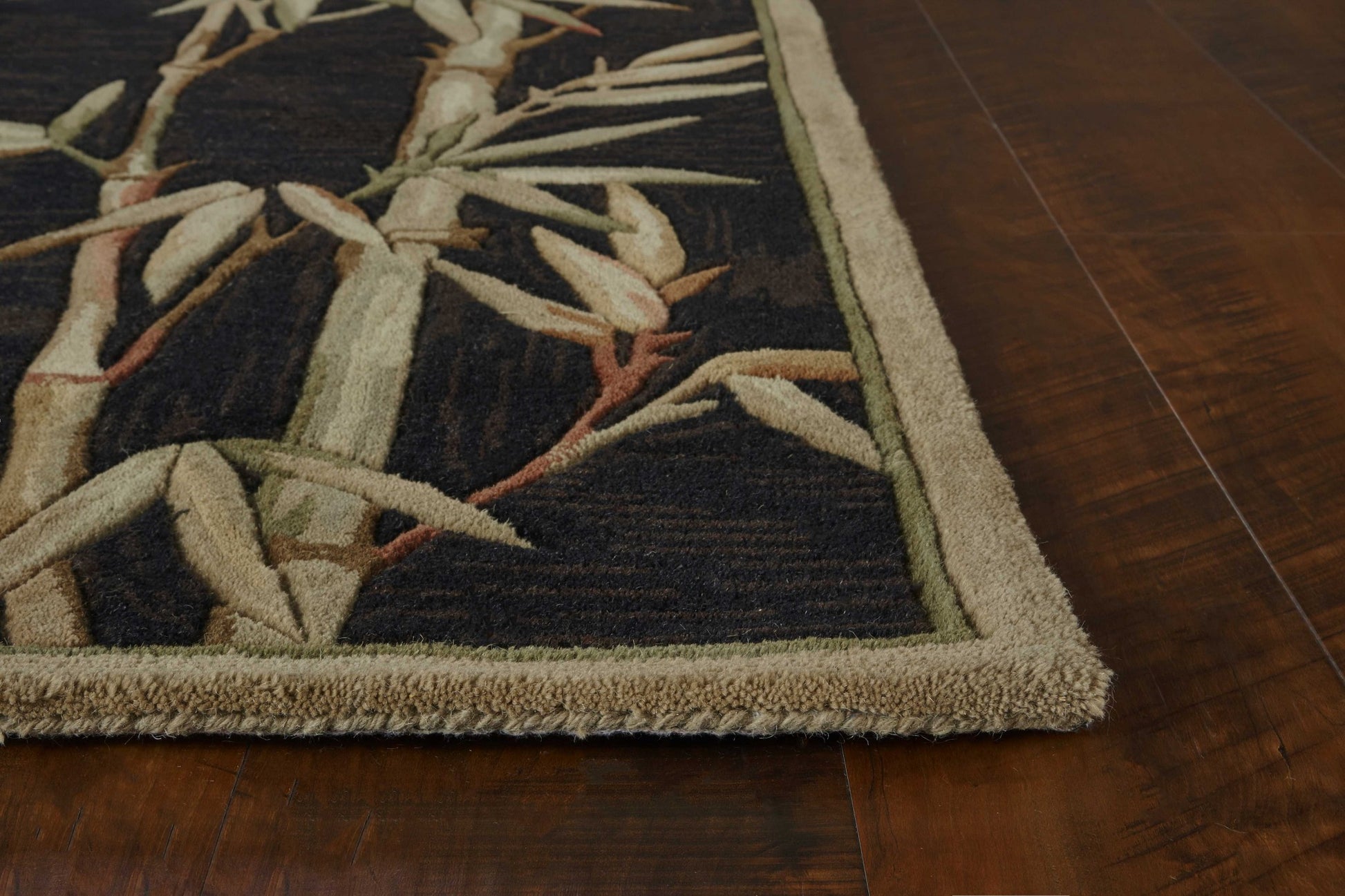 5' X 8' Black Green And Brown Wool Tropical Botanical Hand Tufted Area Rug-Area Rugs-DECOROLALA