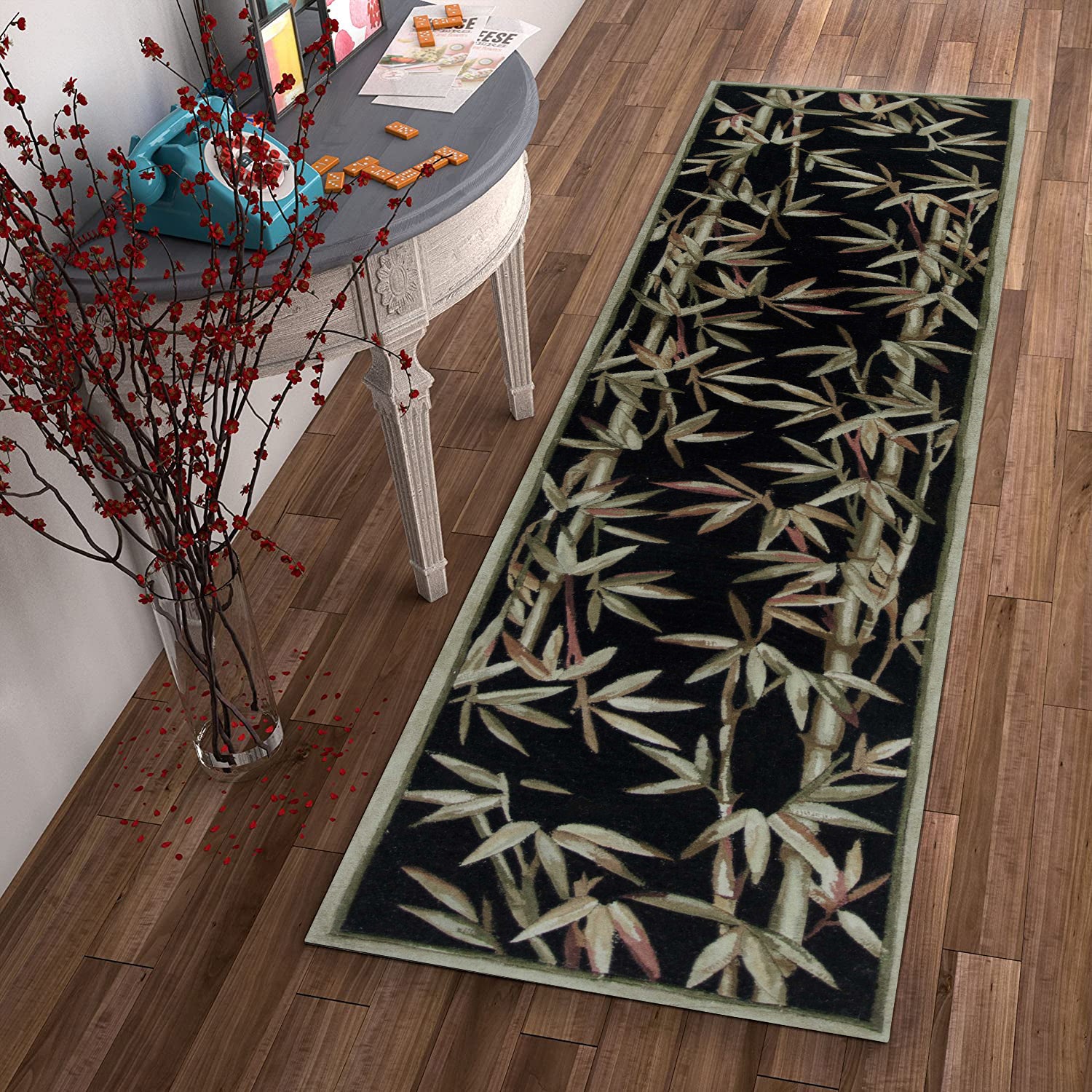 5' X 8' Black Green And Brown Wool Tropical Botanical Hand Tufted Area Rug-Area Rugs-DECOROLALA