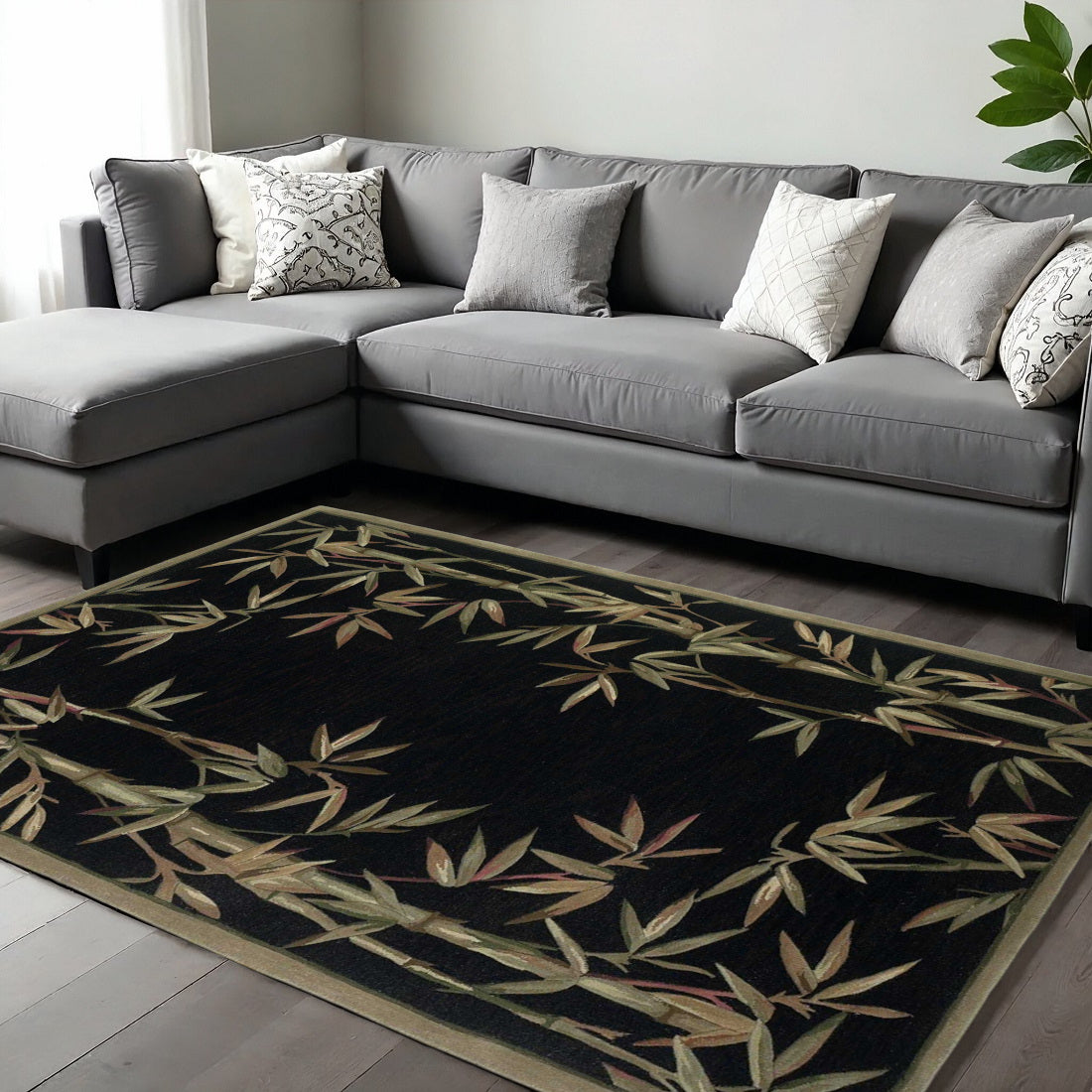 5' X 8' Black Green And Brown Wool Tropical Botanical Hand Tufted Area Rug-Area Rugs-DECOROLALA
