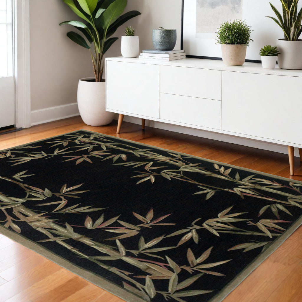 5' X 8' Black Green And Brown Wool Tropical Botanical Hand Tufted Area Rug-Area Rugs-DECOROLALA