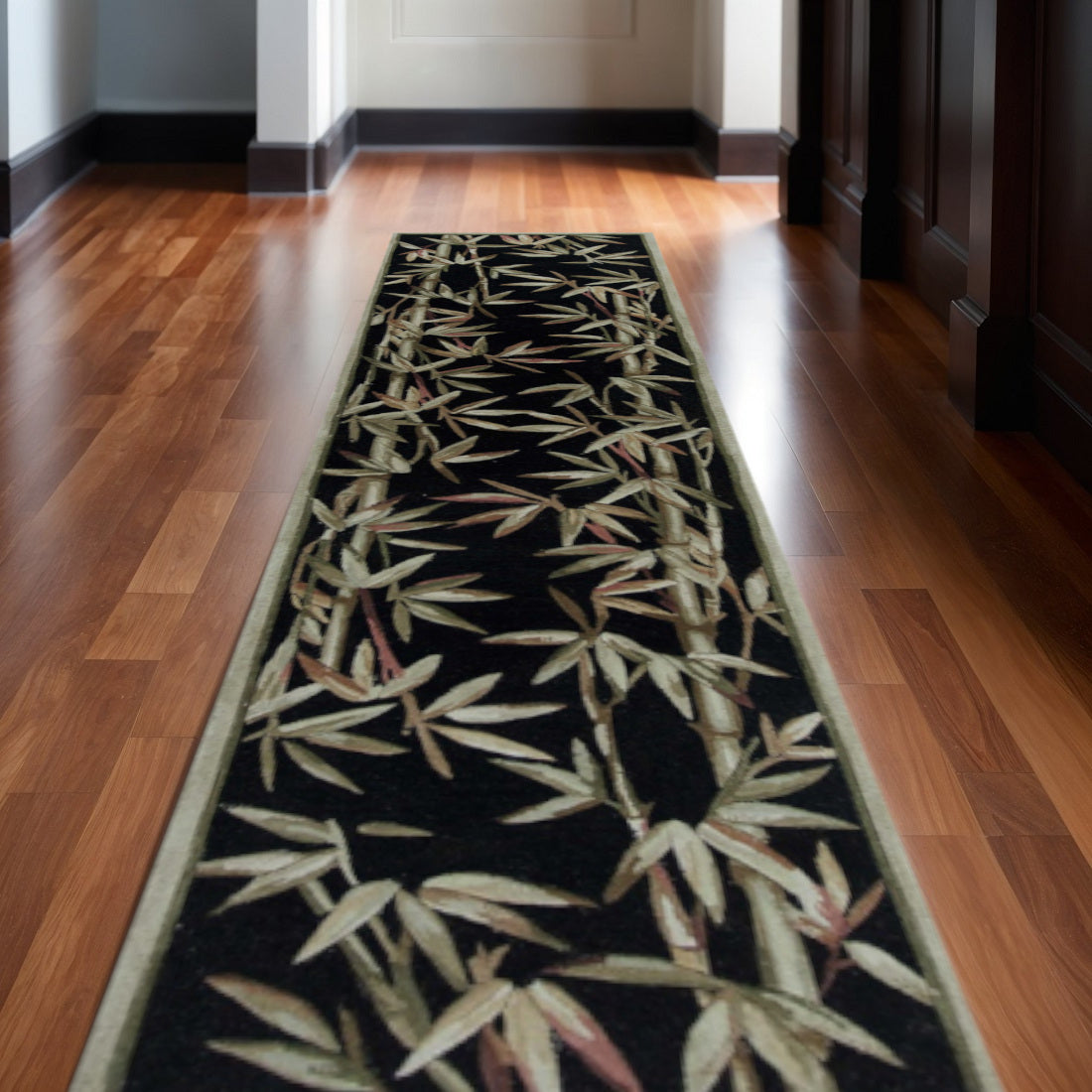 5' X 8' Black Green And Brown Wool Tropical Botanical Hand Tufted Area Rug-Area Rugs-DECOROLALA