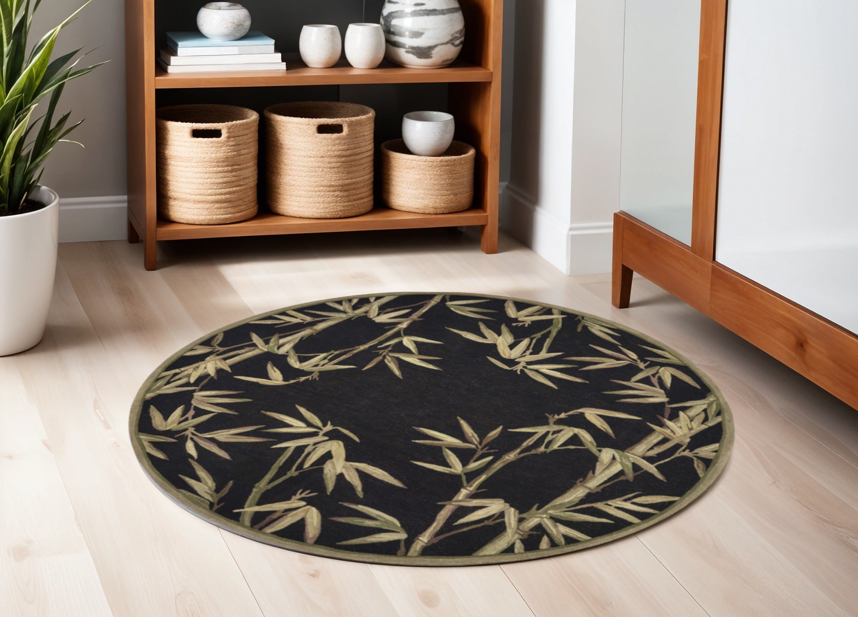 5' X 8' Black Green And Brown Wool Tropical Botanical Hand Tufted Area Rug-Area Rugs-DECOROLALA