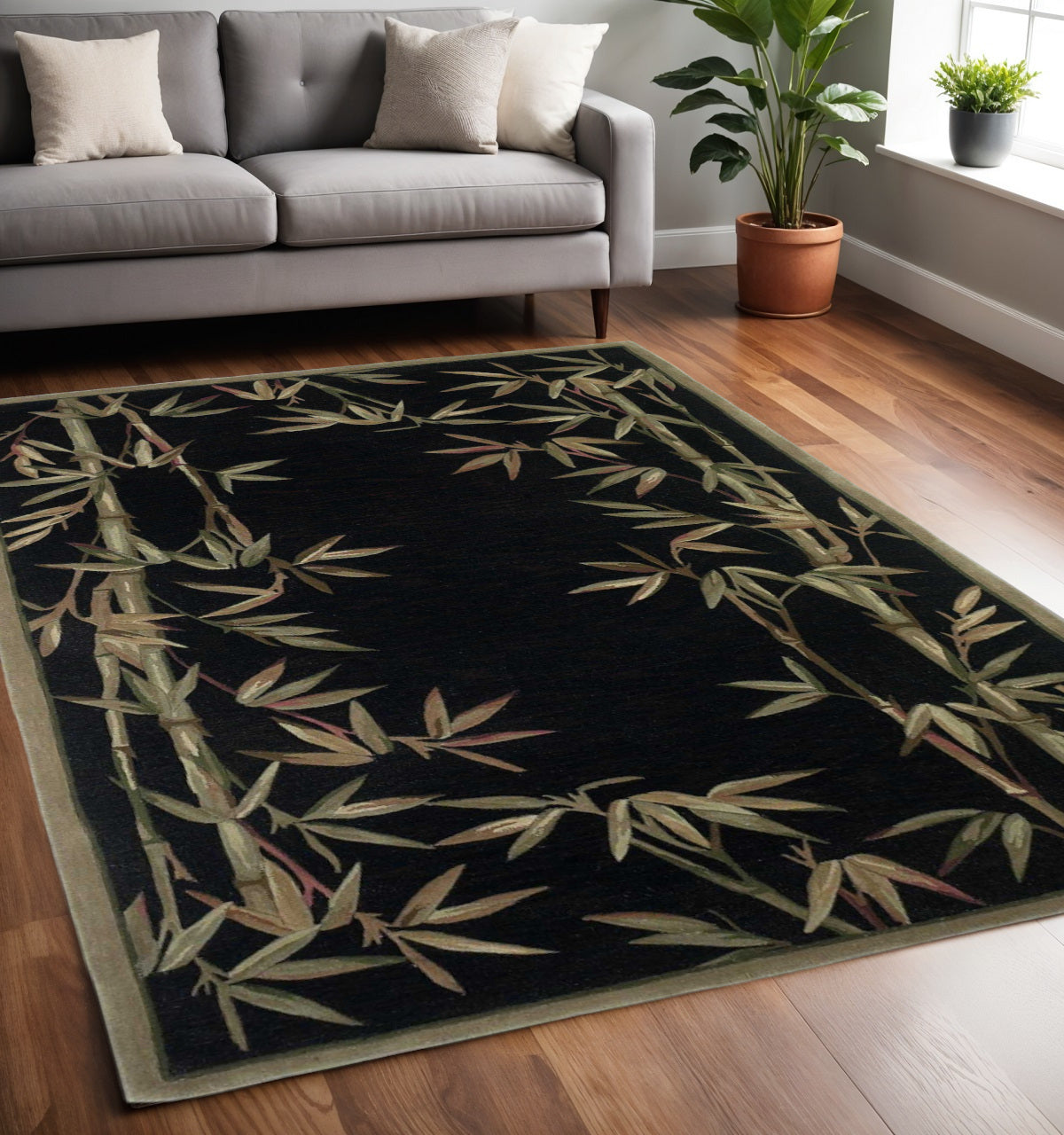 5' X 8' Black Green And Brown Wool Tropical Botanical Hand Tufted Area Rug-Area Rugs-DECOROLALA
