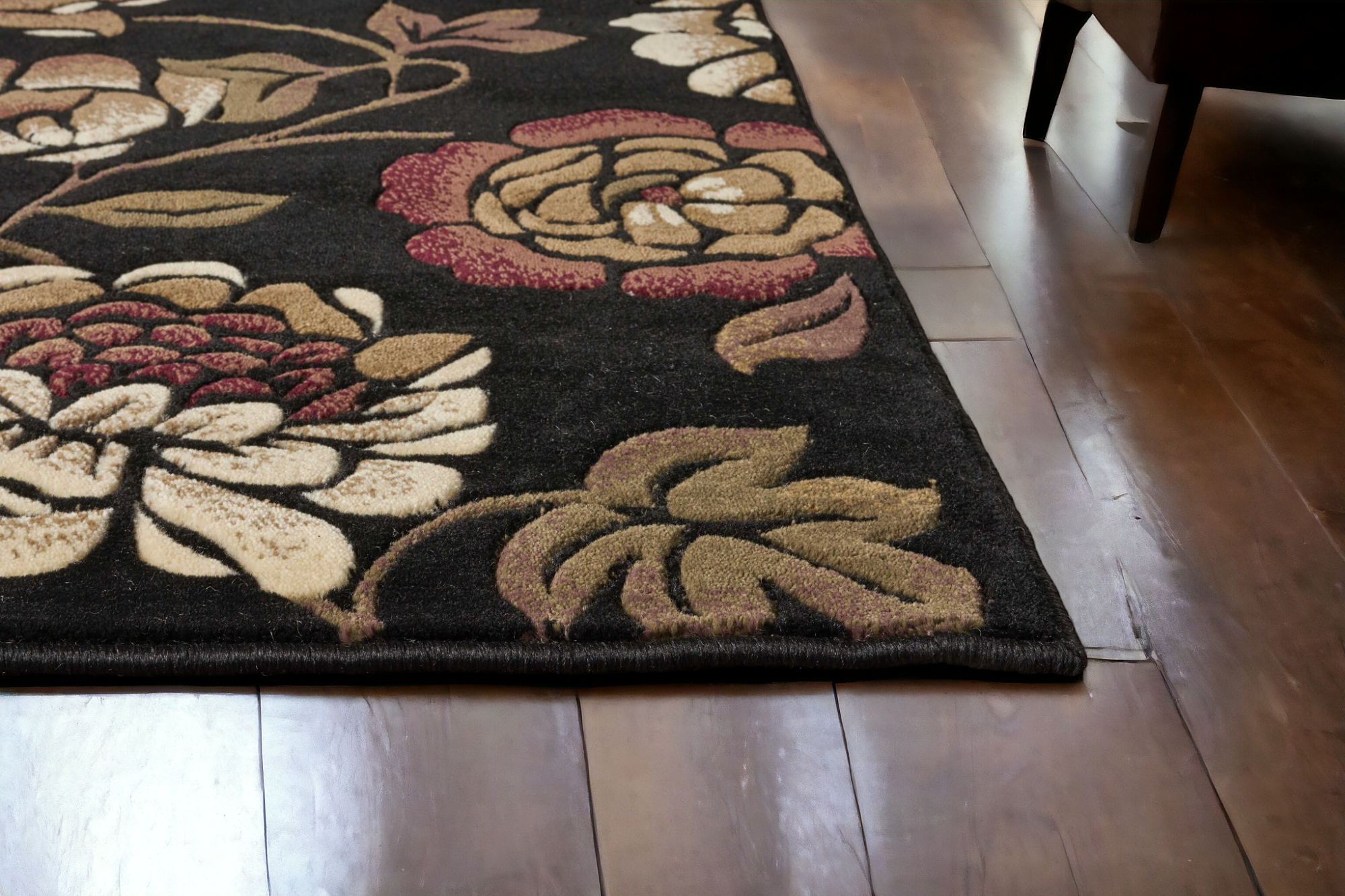 5' X 8' Black Tan And Ivory Floral Area Rug-Area Rugs-DECOROLALA