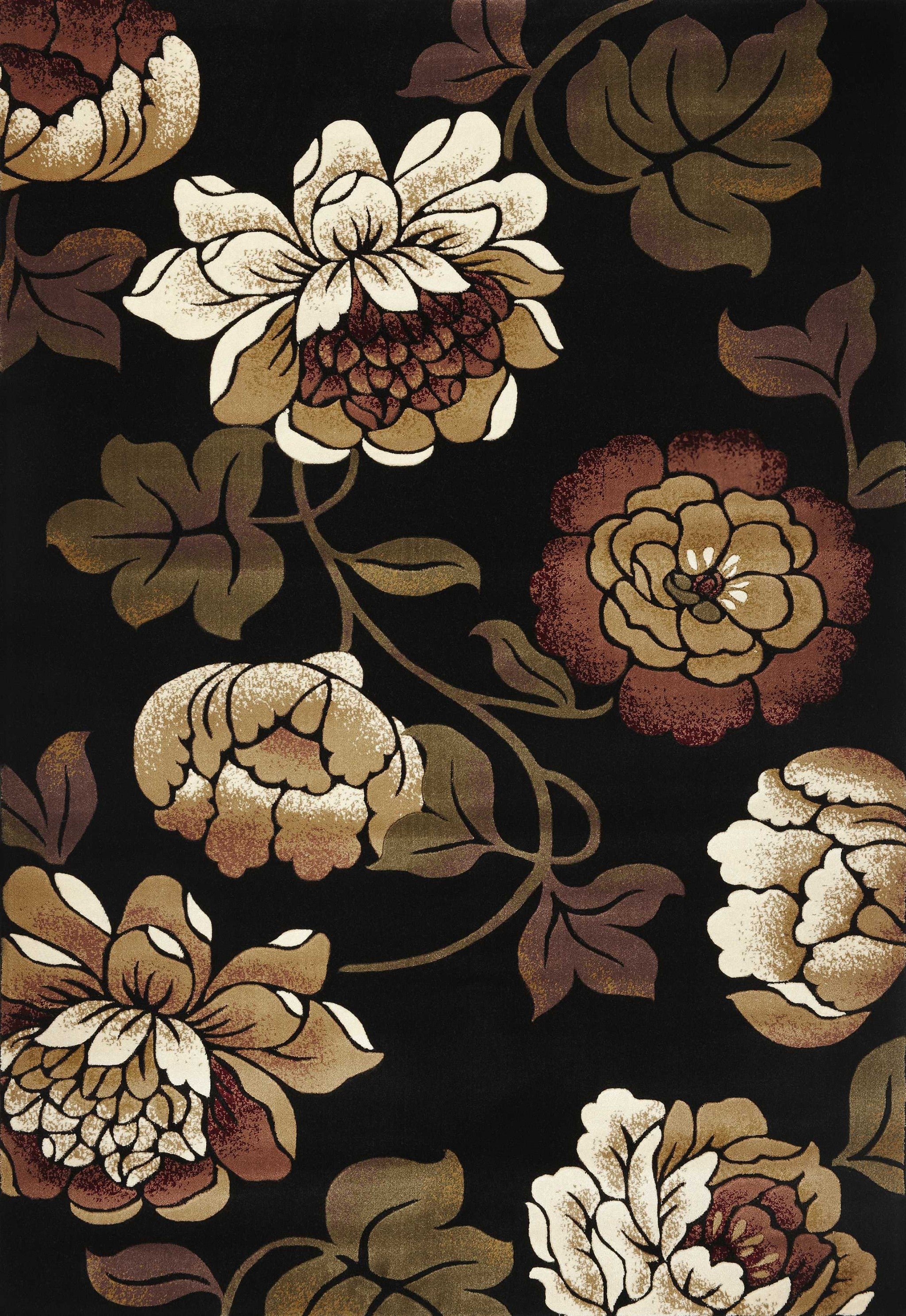 5' X 8' Black Tan And Ivory Floral Area Rug-Area Rugs-DECOROLALA