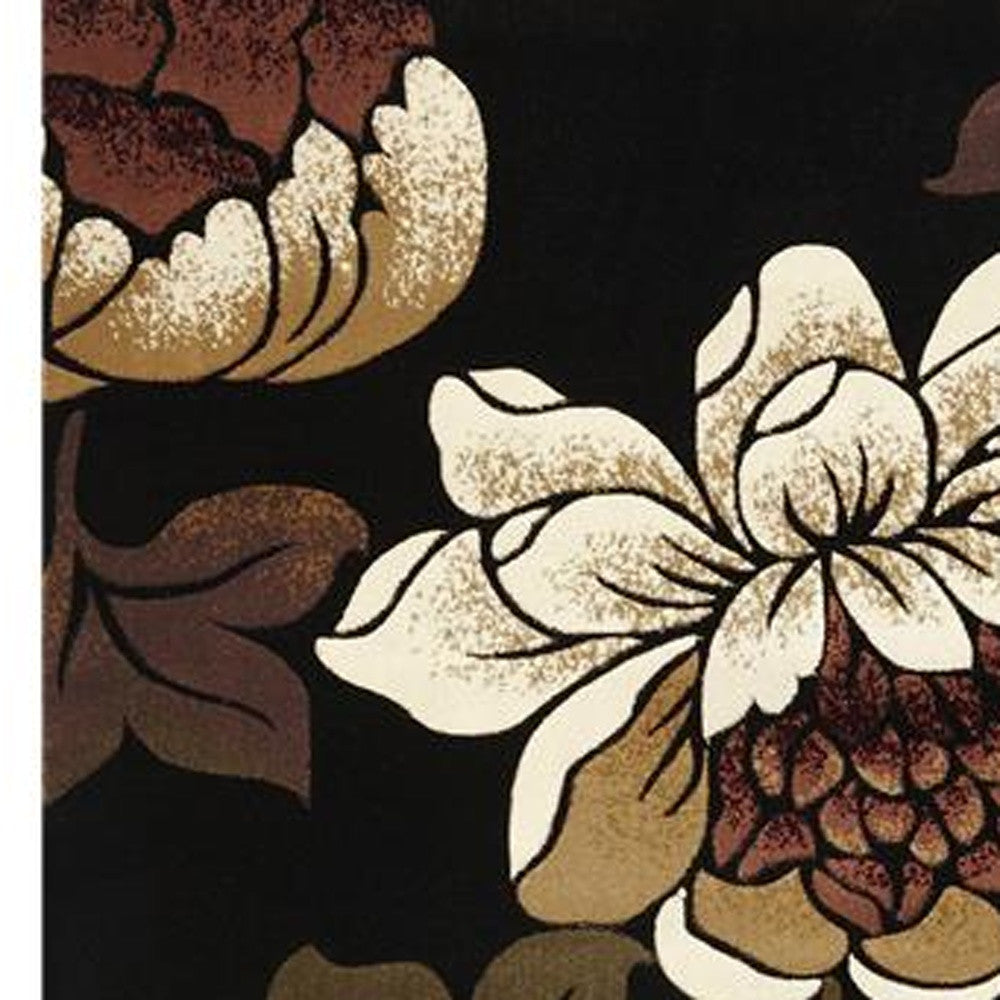 5' X 8' Black Tan And Ivory Floral Area Rug-Area Rugs-DECOROLALA