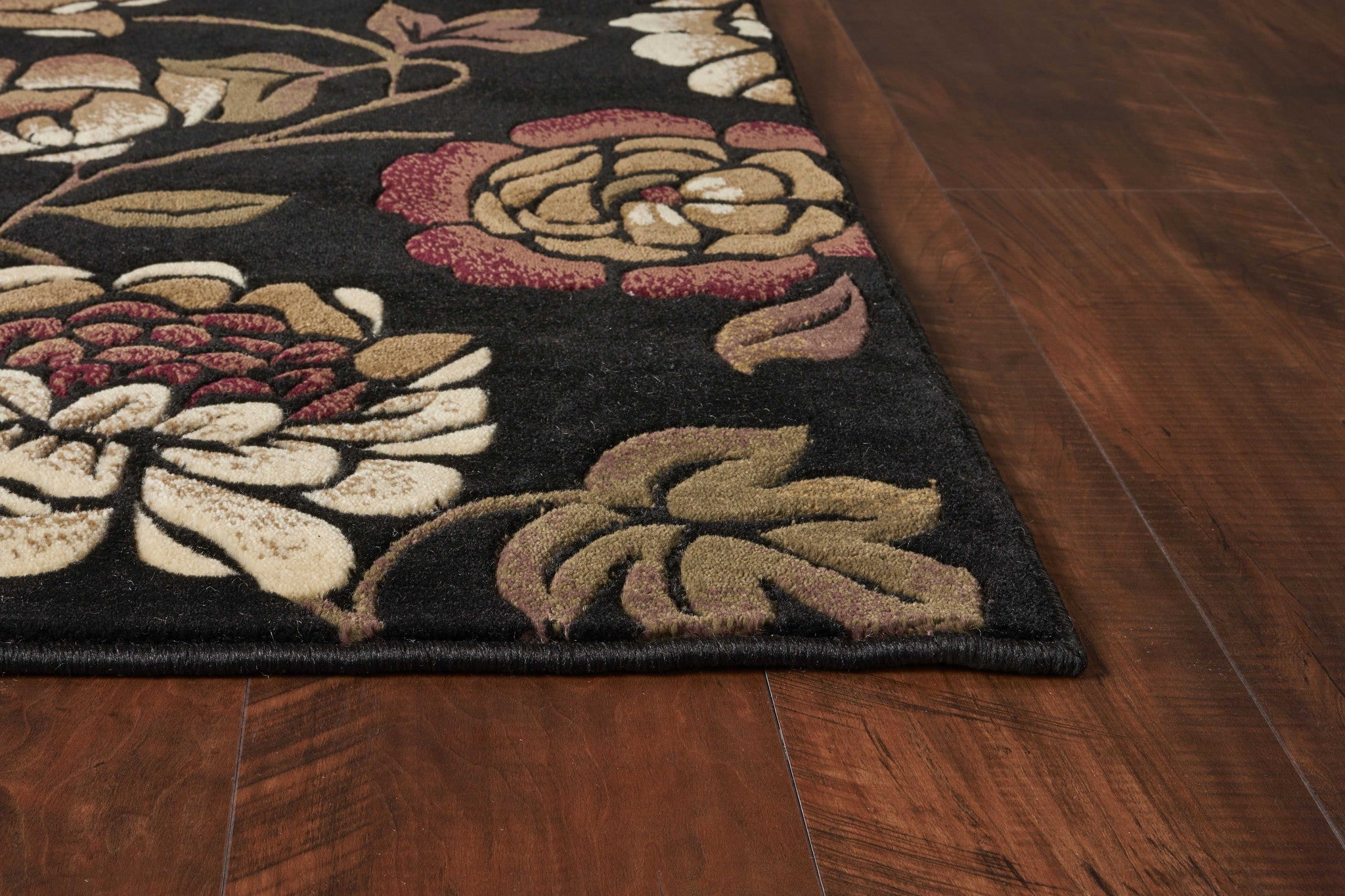 5' X 8' Black Tan And Ivory Floral Area Rug-Area Rugs-DECOROLALA