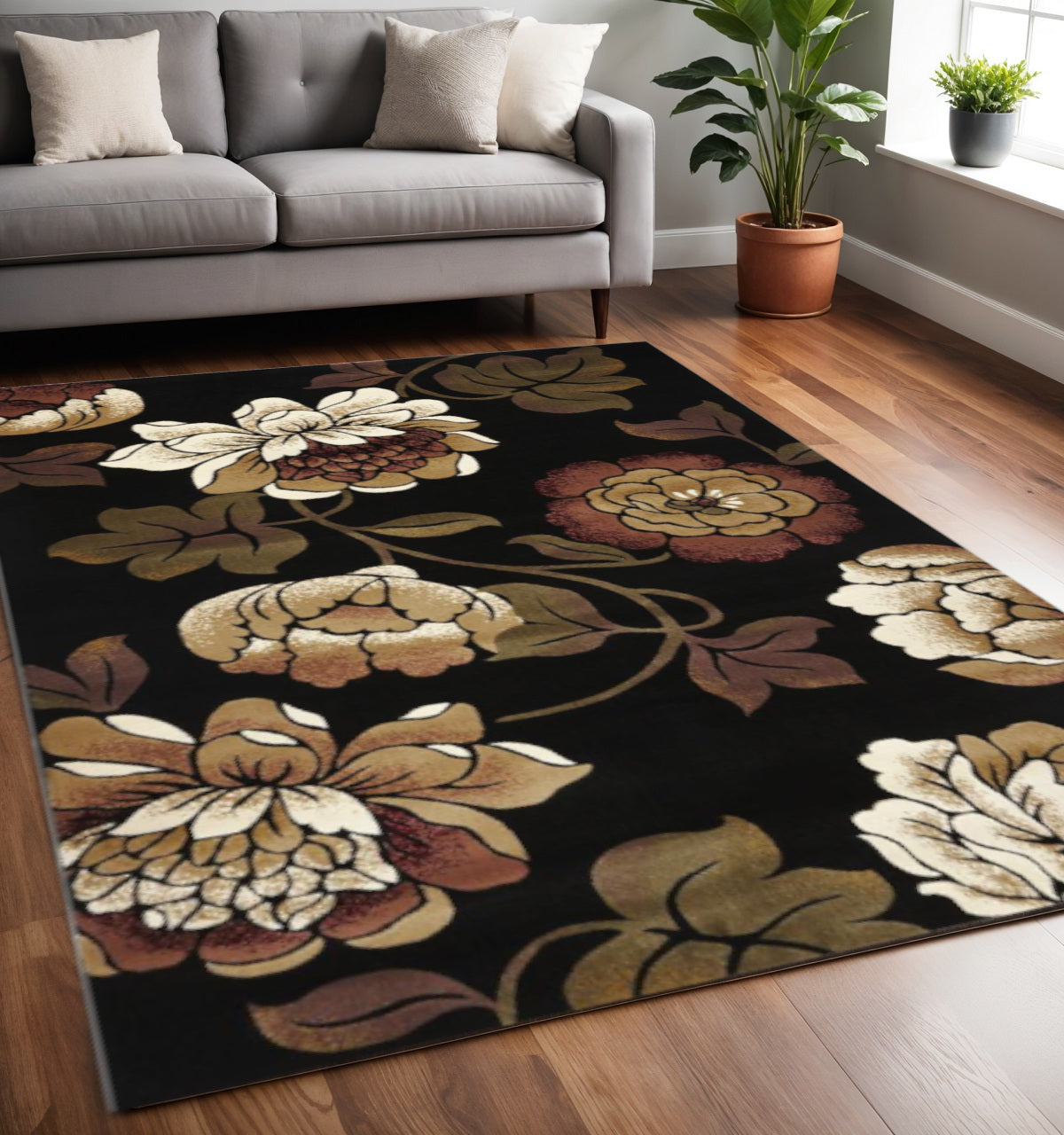 5' X 8' Black Tan And Ivory Floral Area Rug-Area Rugs-DECOROLALA