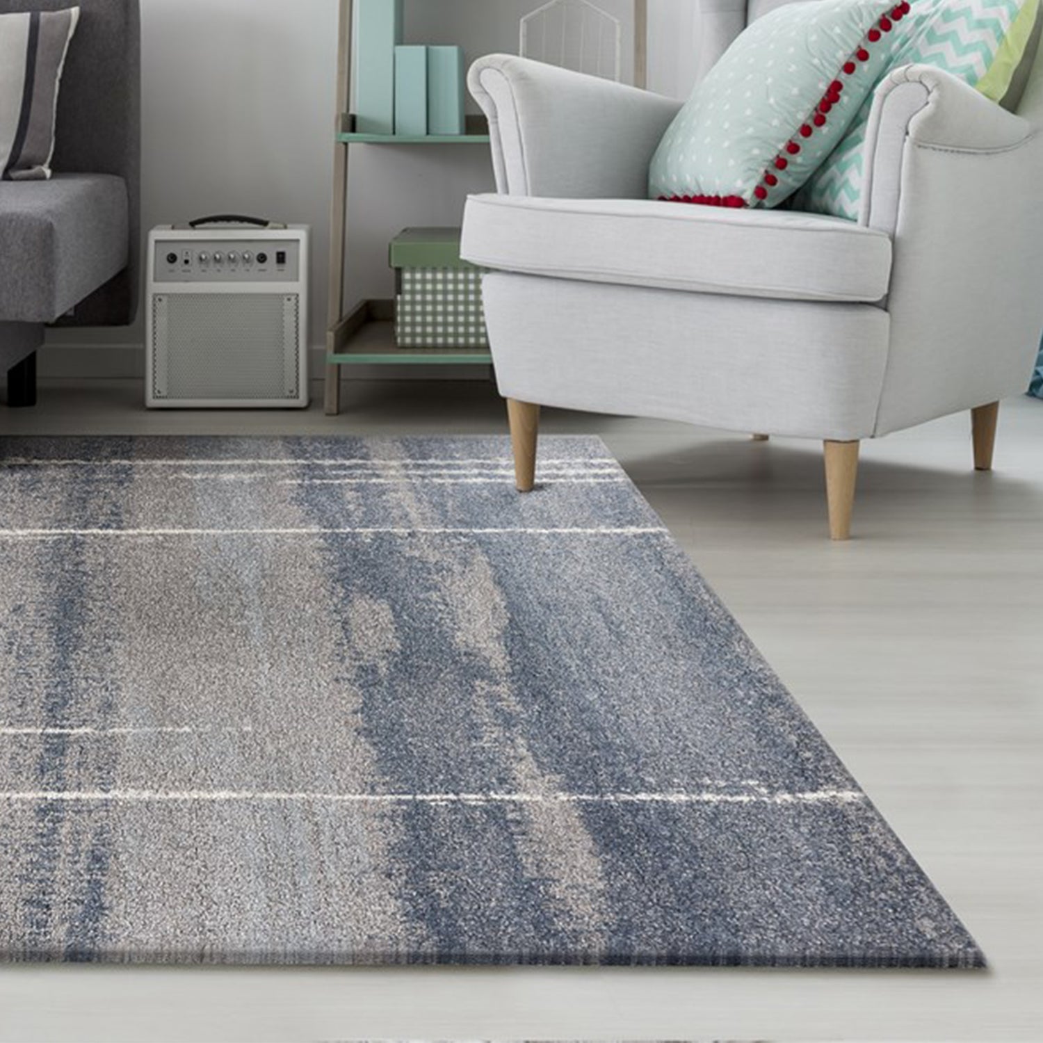 5' X 8' Blue And Gray Abstract Area Rug-Area Rugs-DECOROLALA