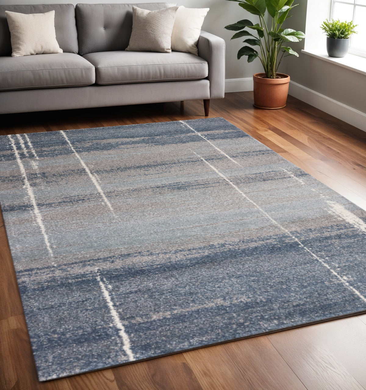 5' X 8' Blue And Gray Abstract Area Rug-Area Rugs-DECOROLALA