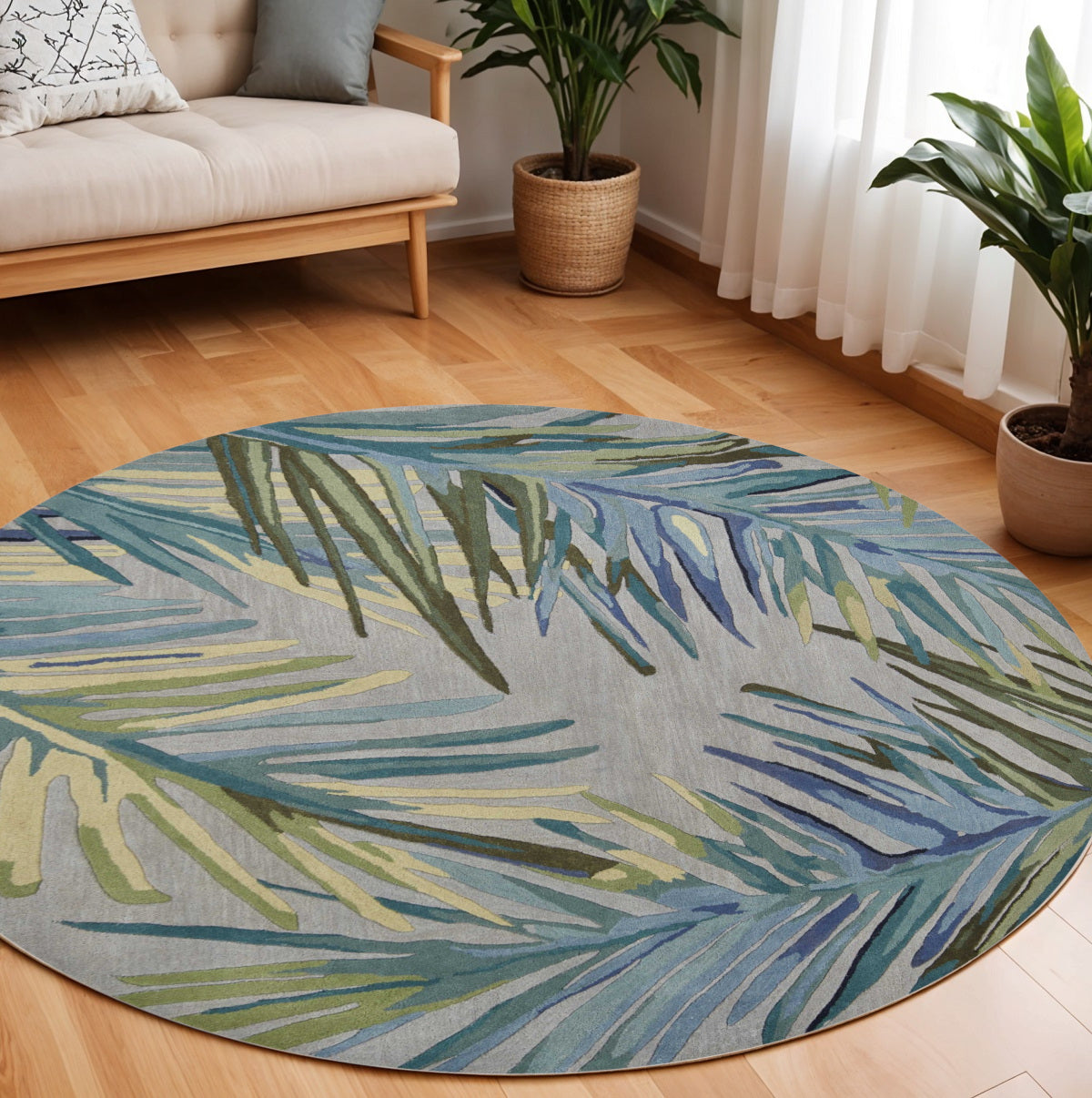 5' X 8' Blue And Gray Wool Tropical Botanical Hand Tufted Area Rug-Area Rugs-DECOROLALA