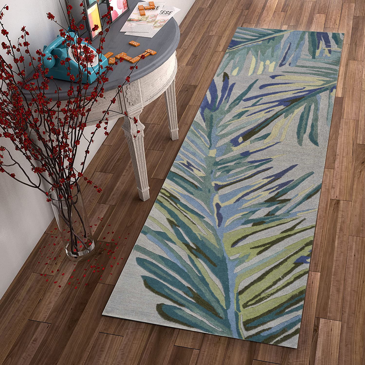5' X 8' Blue And Gray Wool Tropical Botanical Hand Tufted Area Rug-Area Rugs-DECOROLALA