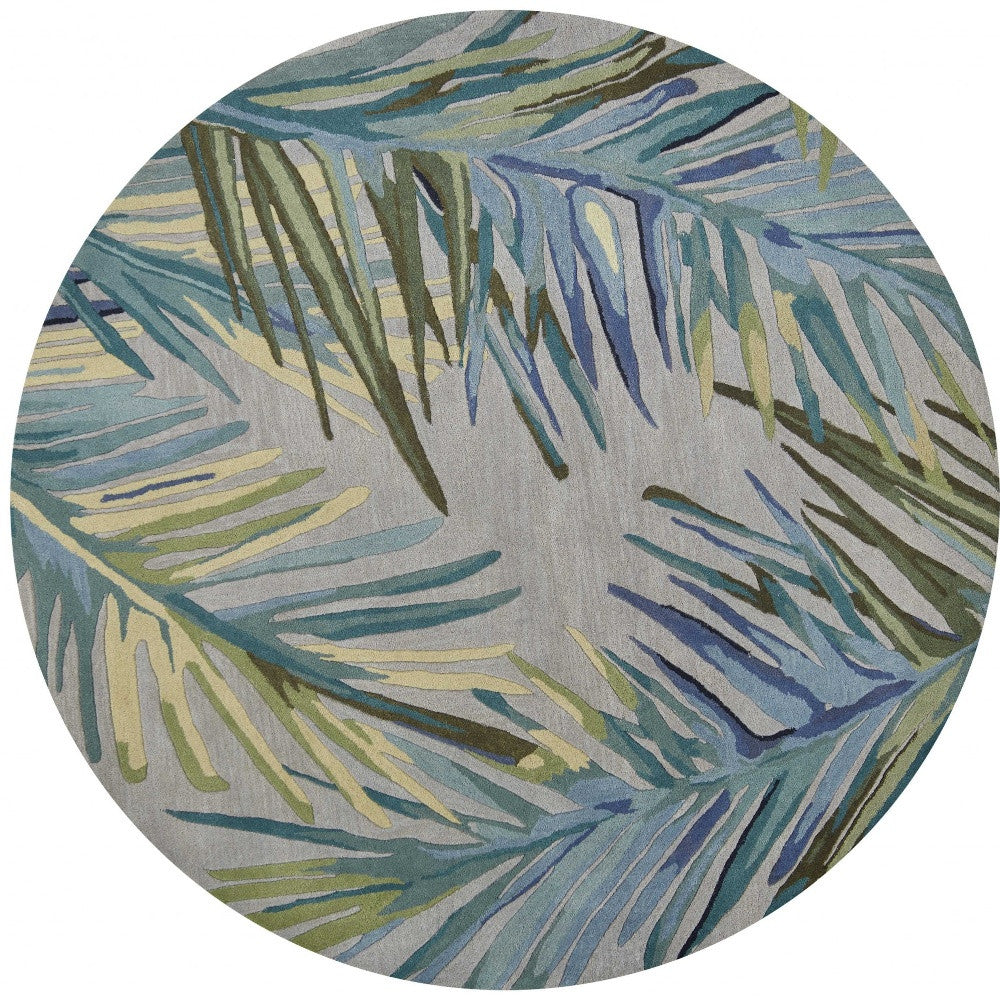 5' X 8' Blue And Gray Wool Tropical Botanical Hand Tufted Area Rug-Area Rugs-DECOROLALA