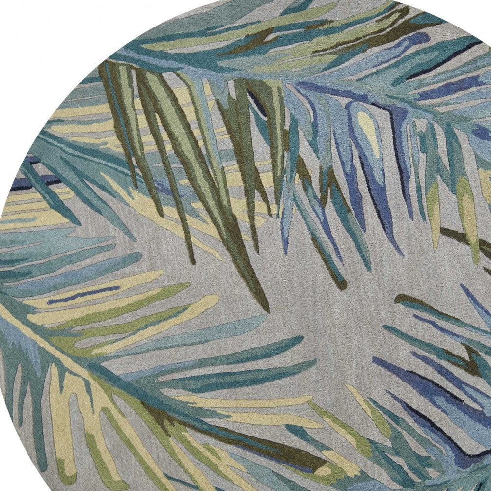 5' X 8' Blue And Gray Wool Tropical Botanical Hand Tufted Area Rug-Area Rugs-DECOROLALA