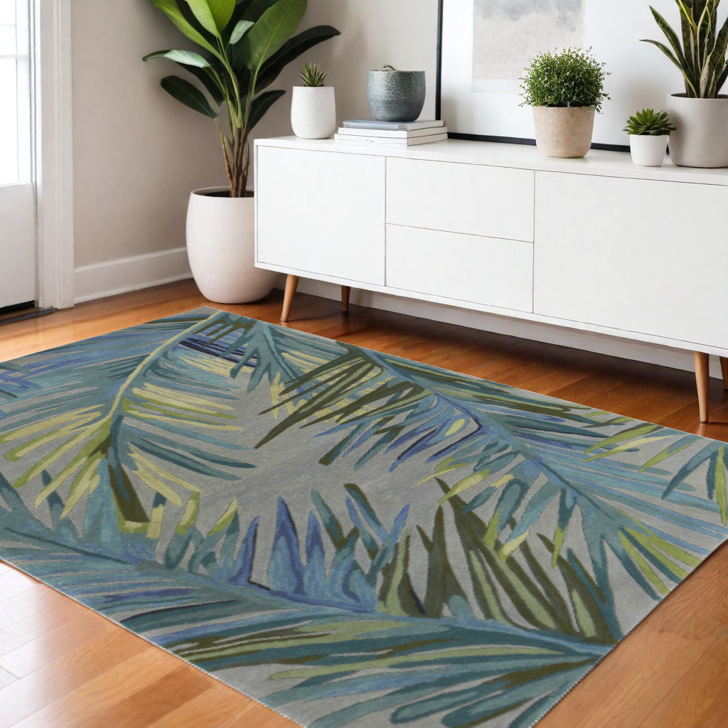 5' X 8' Blue And Gray Wool Tropical Botanical Hand Tufted Area Rug-Area Rugs-DECOROLALA