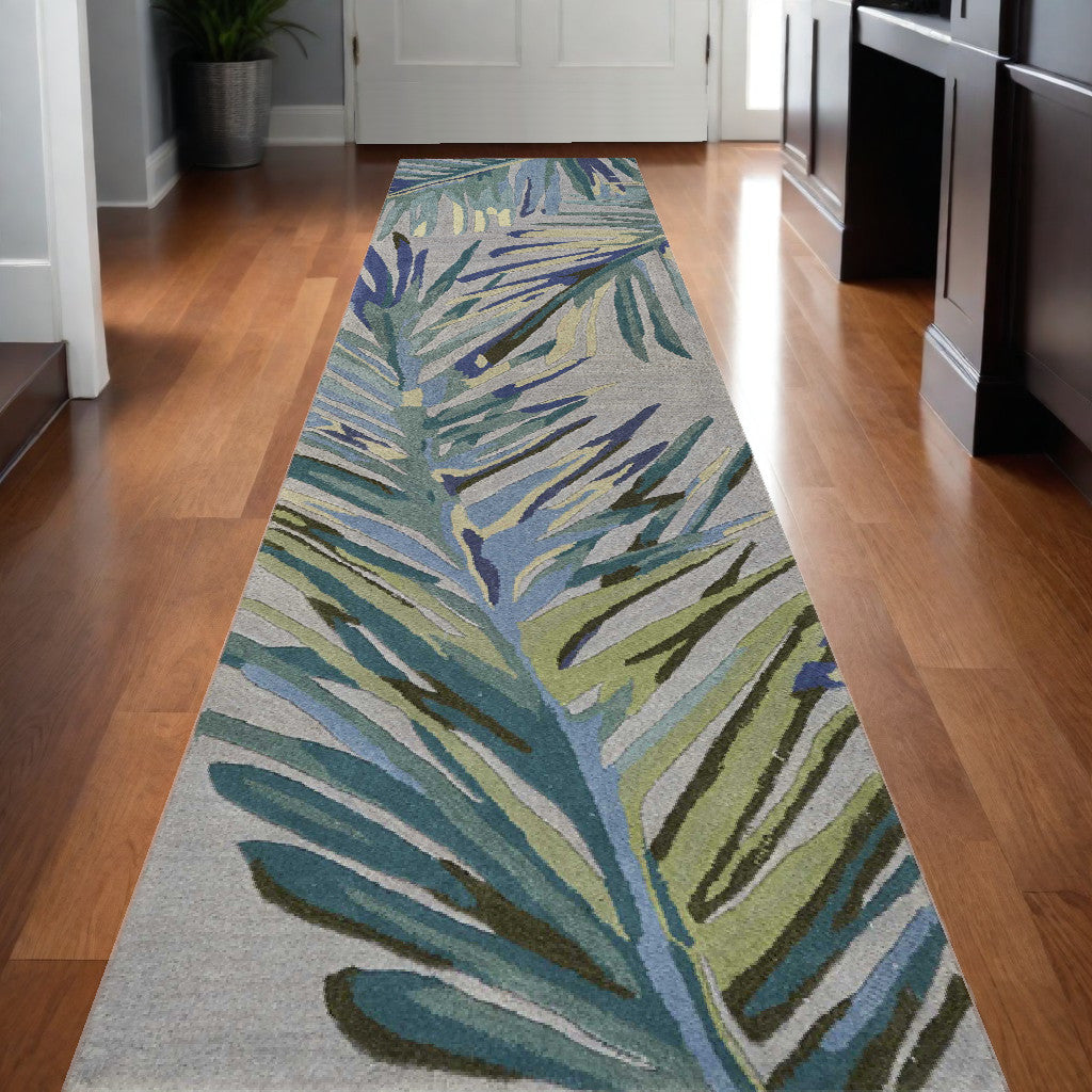 5' X 8' Blue And Gray Wool Tropical Botanical Hand Tufted Area Rug-Area Rugs-DECOROLALA