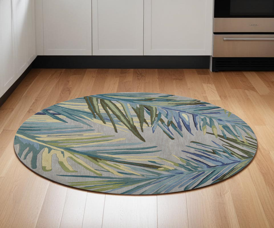 5' X 8' Blue And Gray Wool Tropical Botanical Hand Tufted Area Rug-Area Rugs-DECOROLALA